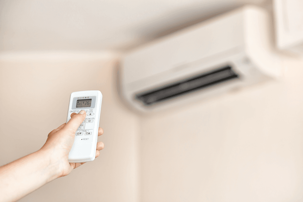 Person using a remote control to adjust an air conditioning unit for mold prevention.