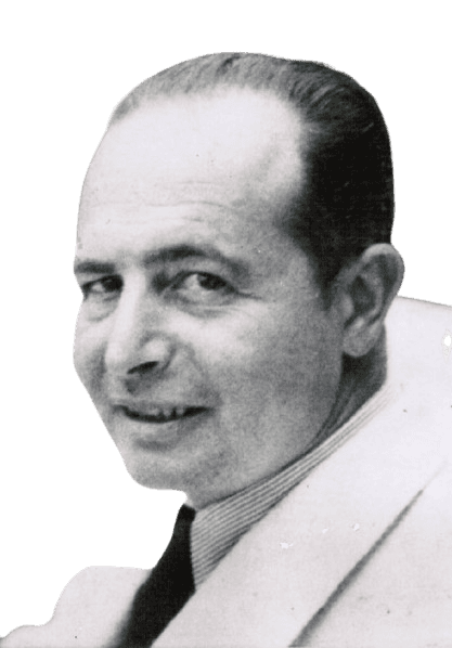 A vintage black-and-white close-up portrait of a man with a slight smile, slicked-back hair, and wearing a light-colored suit with a striped shirt and dark tie. The image conveys a classic, sophisticated look, emphasizing his confident and composed expression.