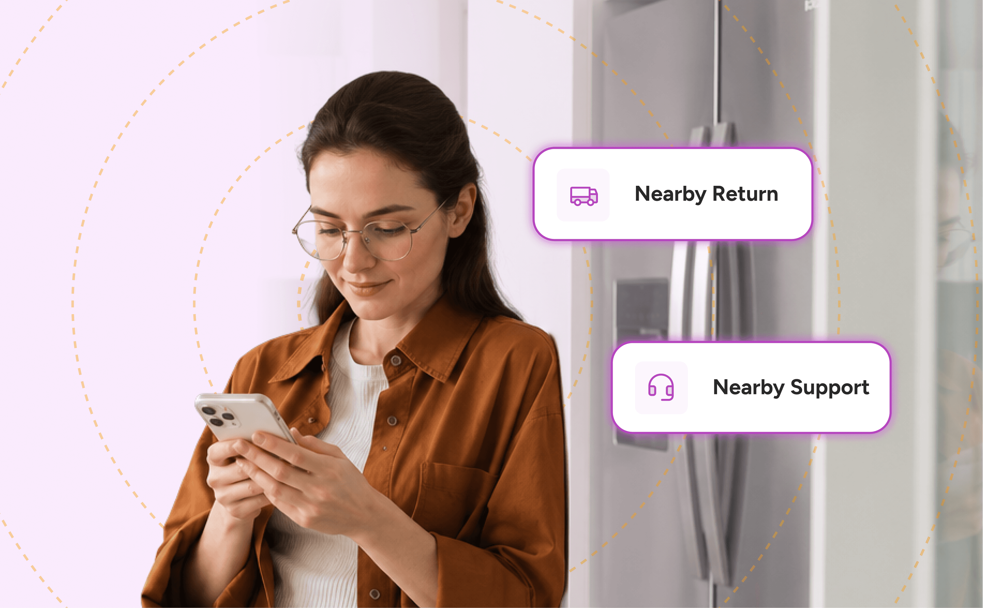 Customer using a smartphone beside a refrigerator, with graphics representing nearby appliance returns and local customer support.