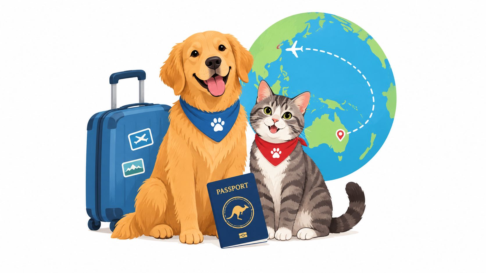 A golden retriever and a tabby cat sitting together next to luggage, a passport, and a globe.