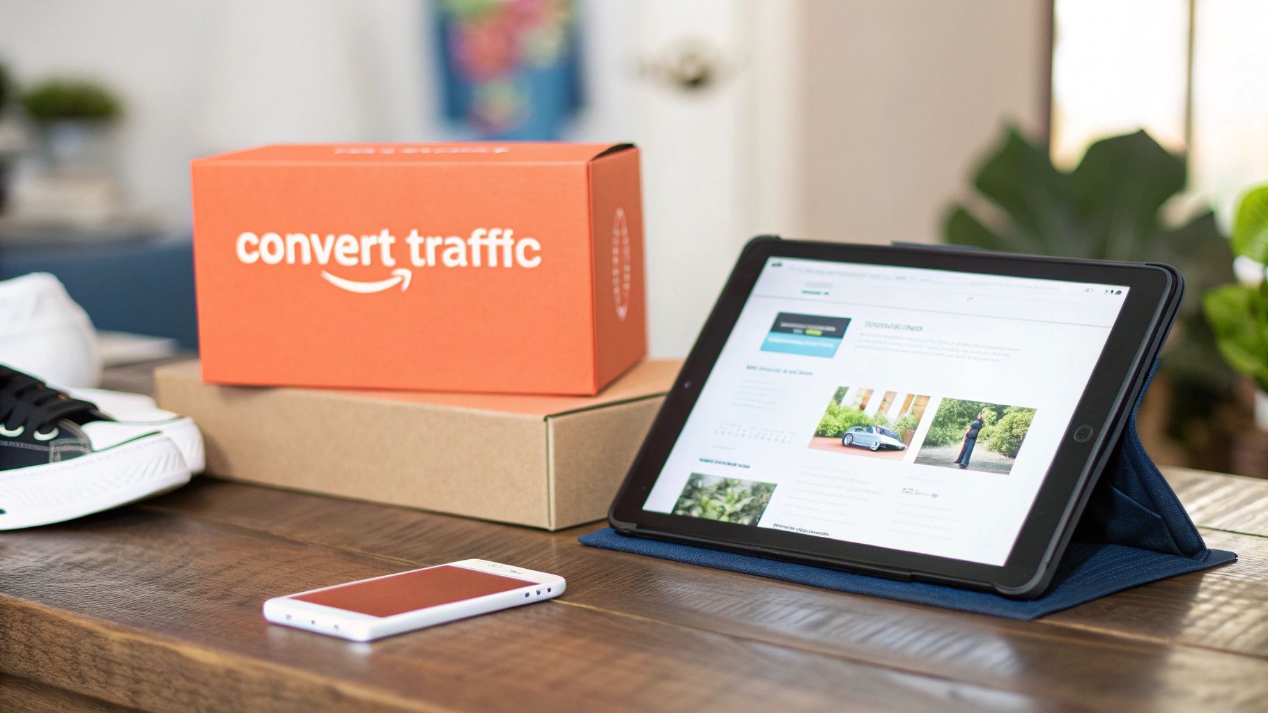 An orange 'convert traffic' box with an Amazon-like logo, brown boxes, a sneaker, a phone, and a tablet on a wooden desk.