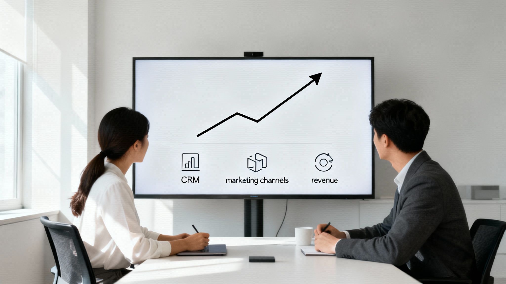 Two business professionals discuss digital marketing strategies shown on a screen with growth charts.