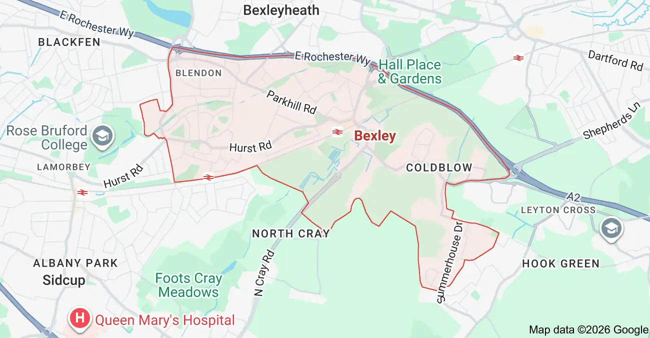Map of Bexley showing the borough boundary, main road links and surrounding areas