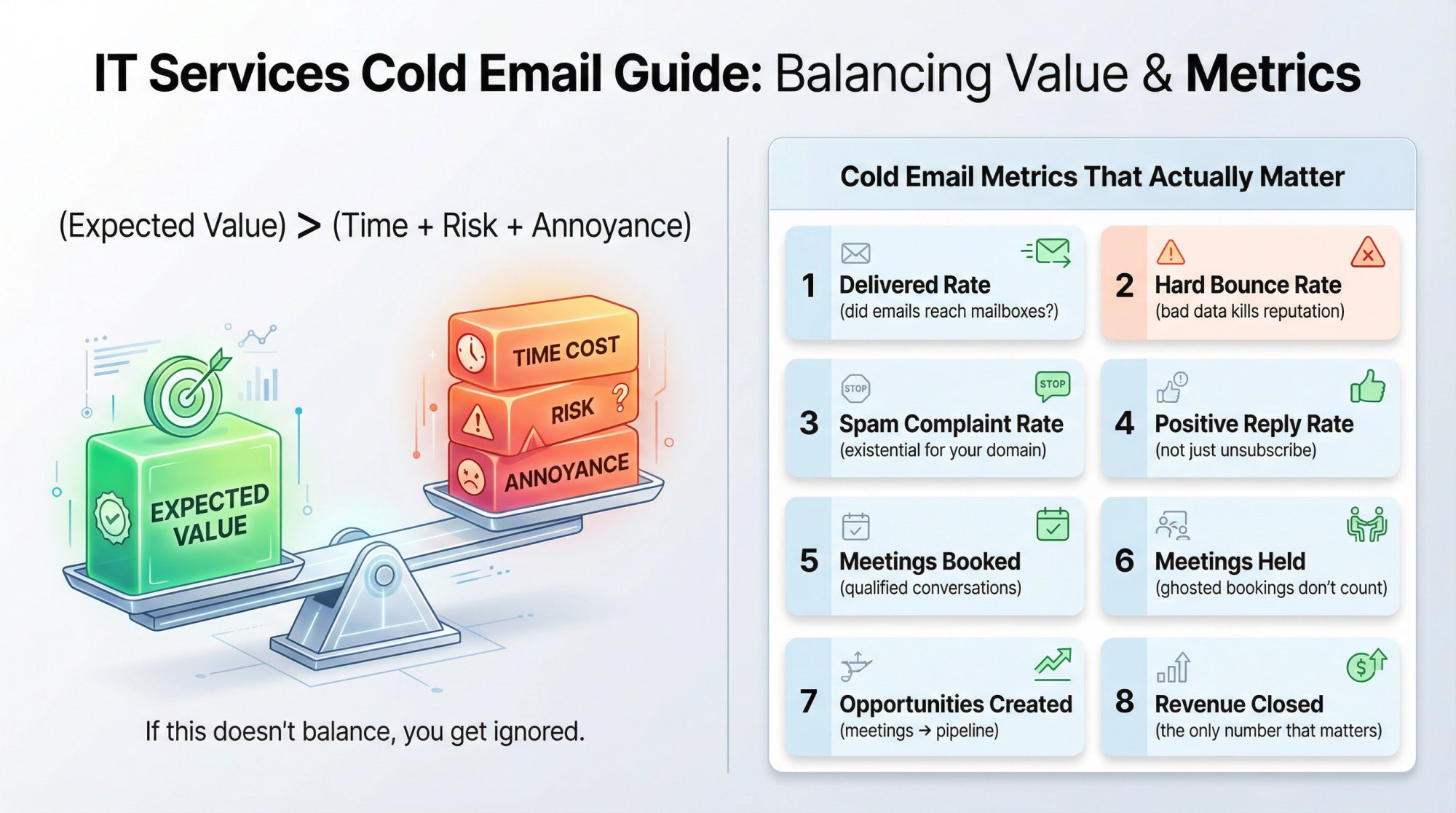 Split-panel infographic showing reply probability equation as a visual balance scale on the left, and IT services cold email metrics dashboard on the right