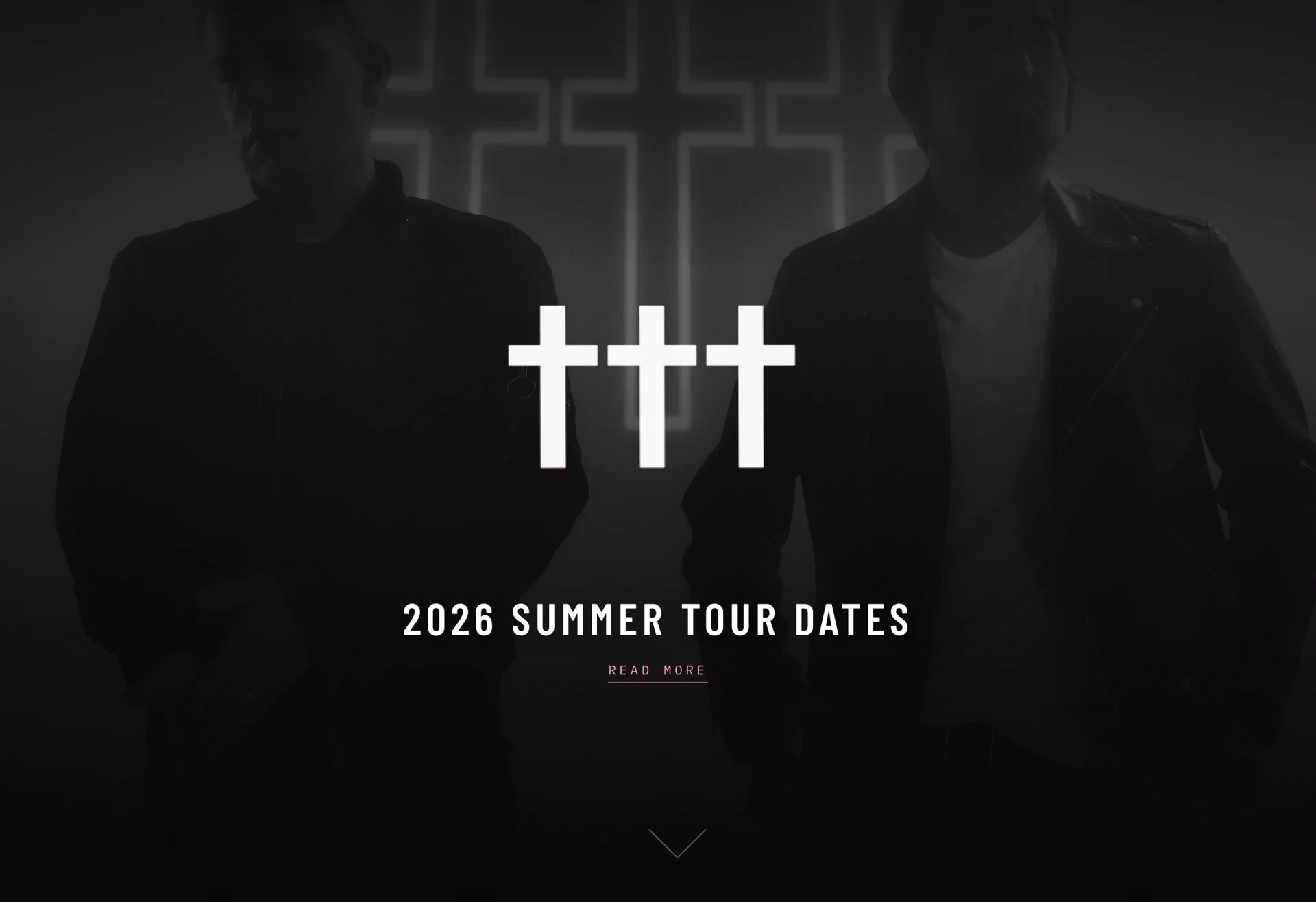 Crosses website opening: a monochrome band portrait behind the three-cross symbol