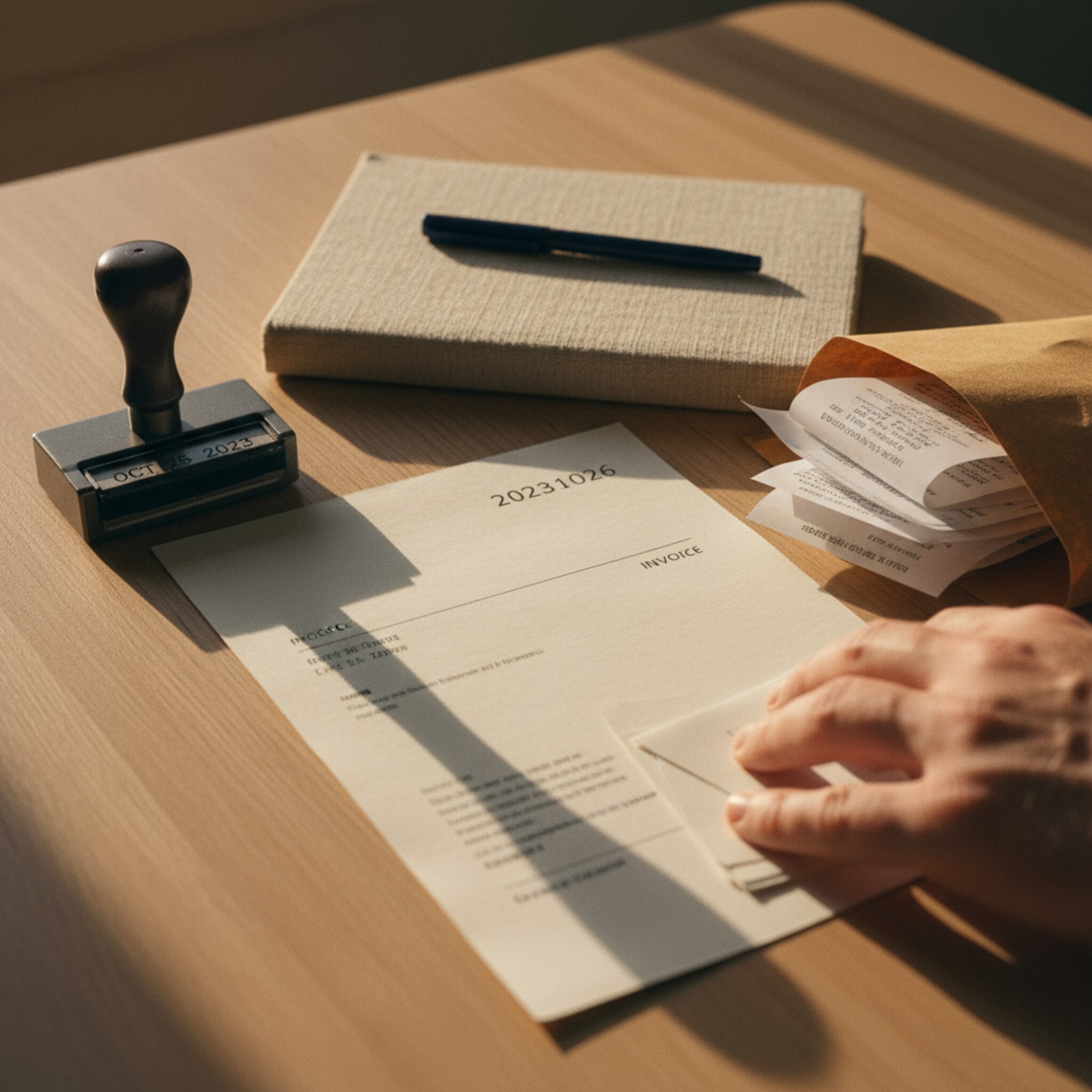 Auf einem schlichten Holztisch liegt eine nummerierte Rechnung neben einem Stempel und einem Notizheft. Ein Umschlag mit geordneten Belegen ist geöffnet, eine Hand sortiert die Papiere. Das Abendlicht zeichnet klare Kanten auf Papier und Holz. Die Szene vermittelt Ruhe, System und Verlässlichkeit.