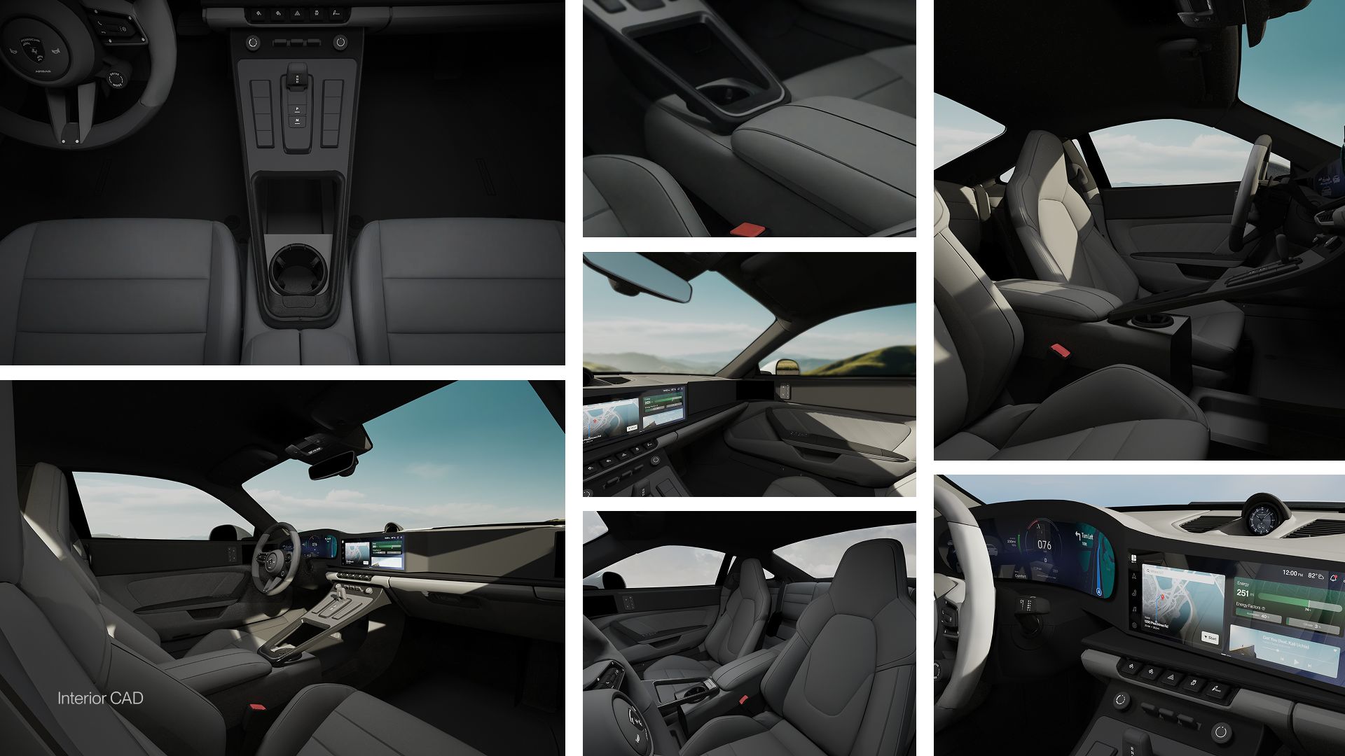 Interior CAD studies exploring driver-focused layout, materiality, and interface placement within a Porsche EV cockpit.