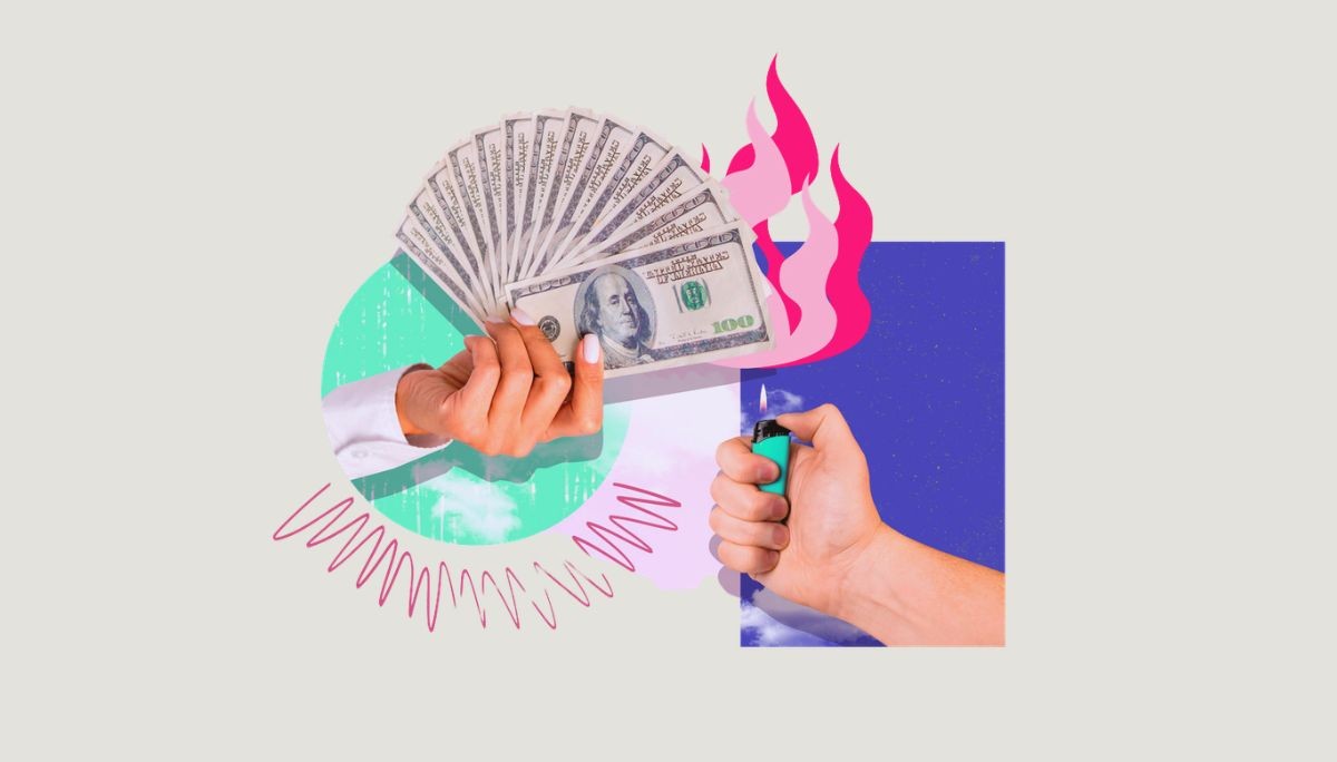 Stylized collage of cash and flame imagery, used to depict startup burn rate.