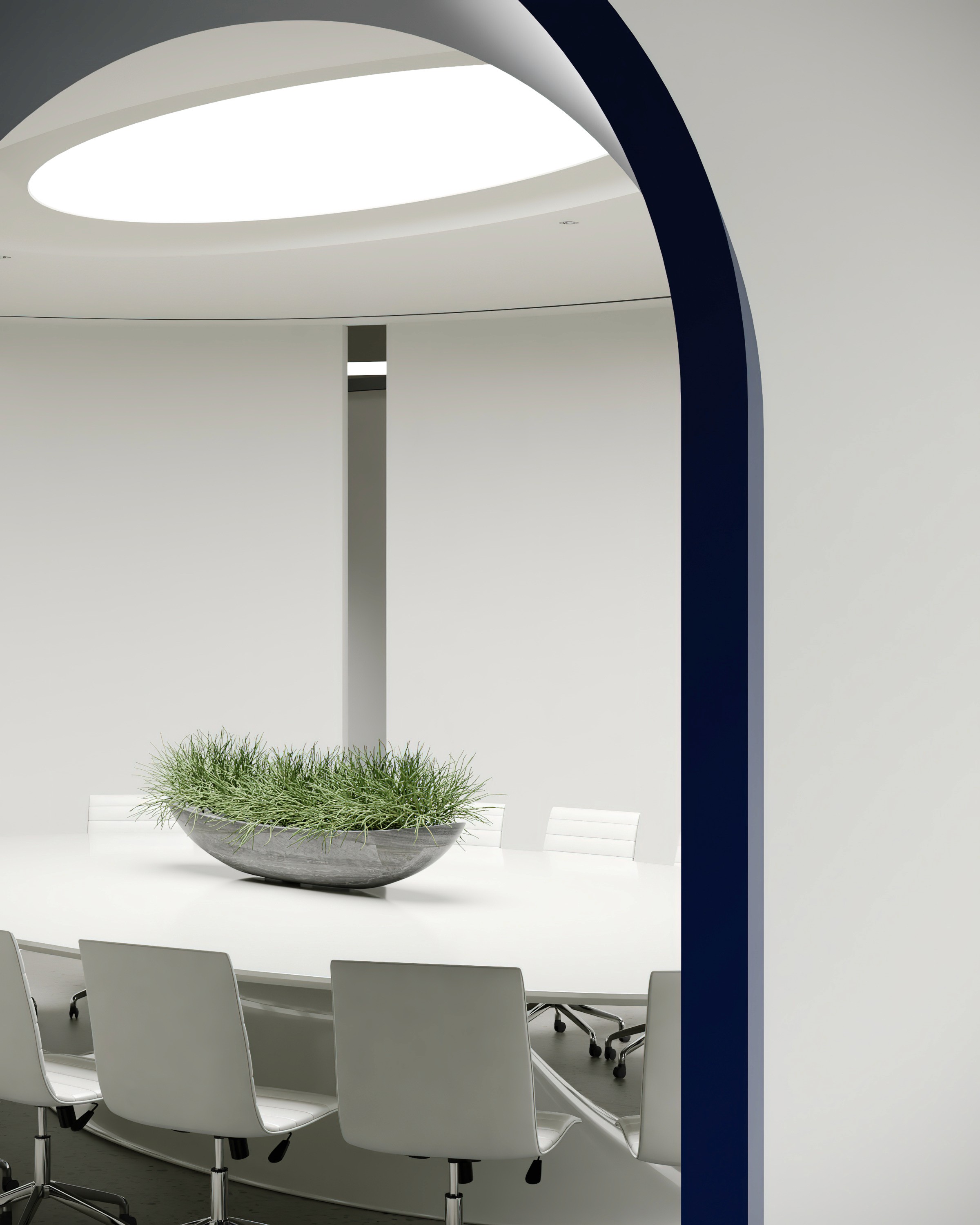 Warm minimalist office design with oak cabinetry and integrated storage solutions