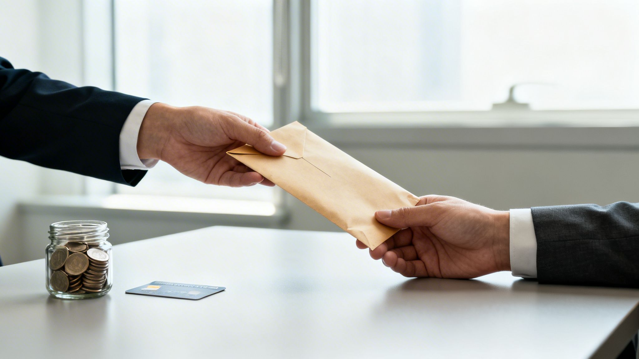 Två händer utbyter ett brunt kuvert över ett bord med ett myntglas och ett kreditkort.