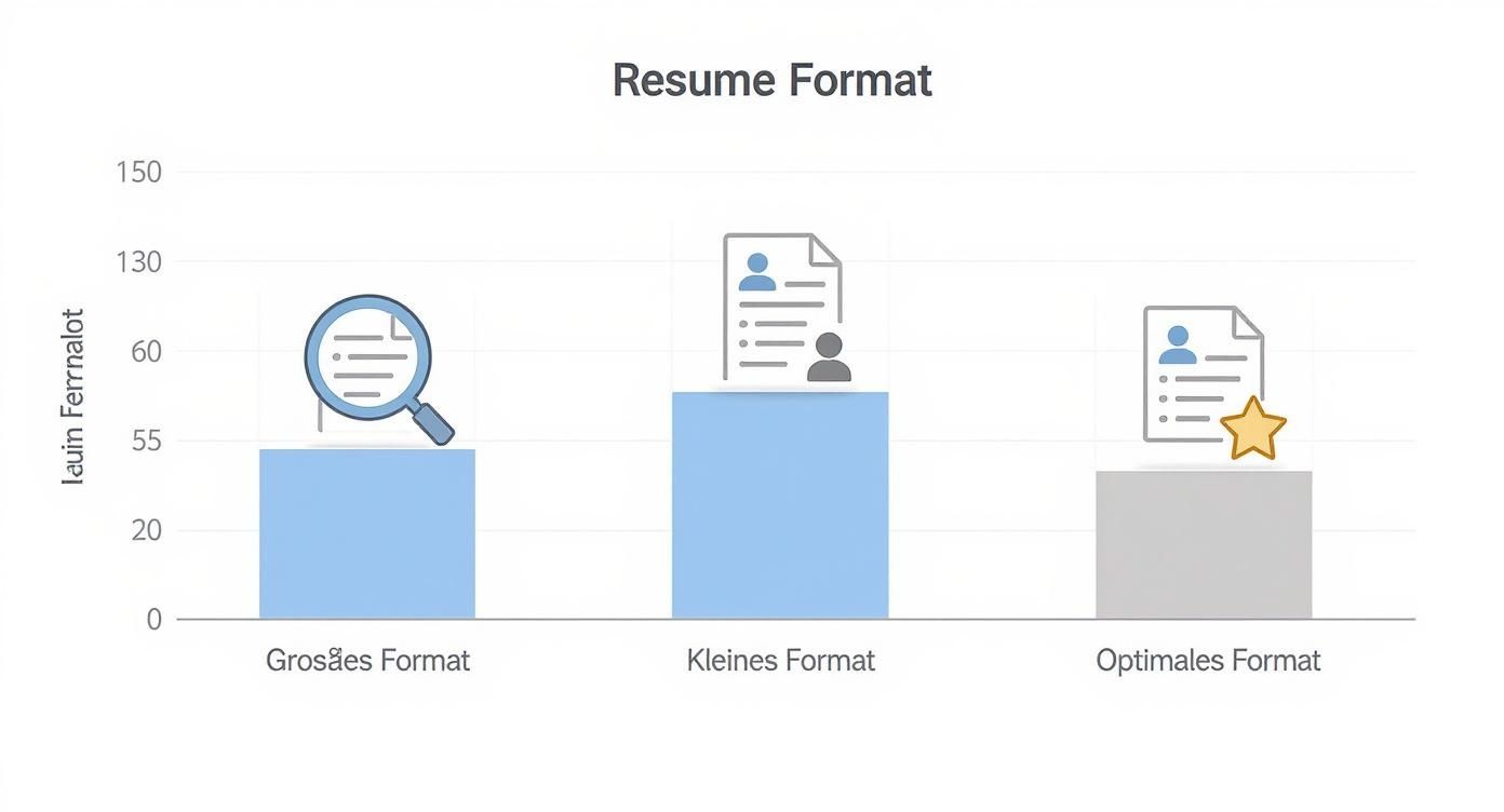 Balkendiagramm zeigt Vergleich verschiedener Lebenslauf-Formate: Großes, Kleines und Optimales Format mit Icons