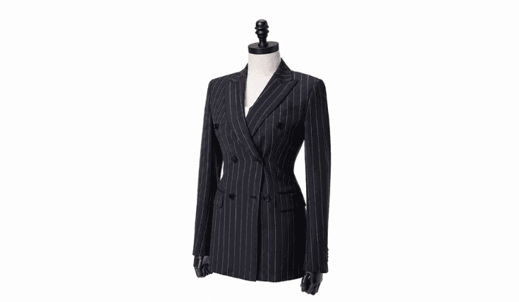 Plus size masculine double-breasted suit jacket featuring navy pinstripes and structured shoulders