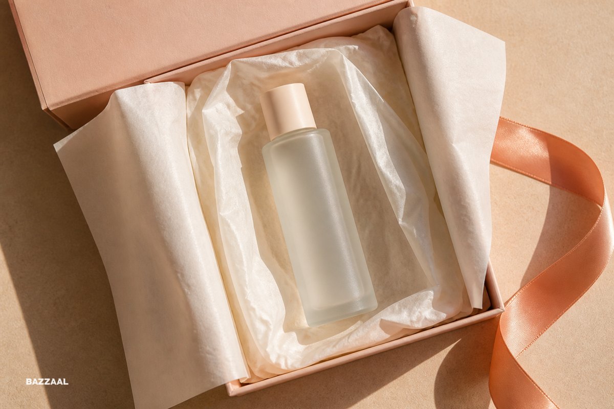 Overhead crop of an opened pastel gift box with tissue folded back and a serum inside
