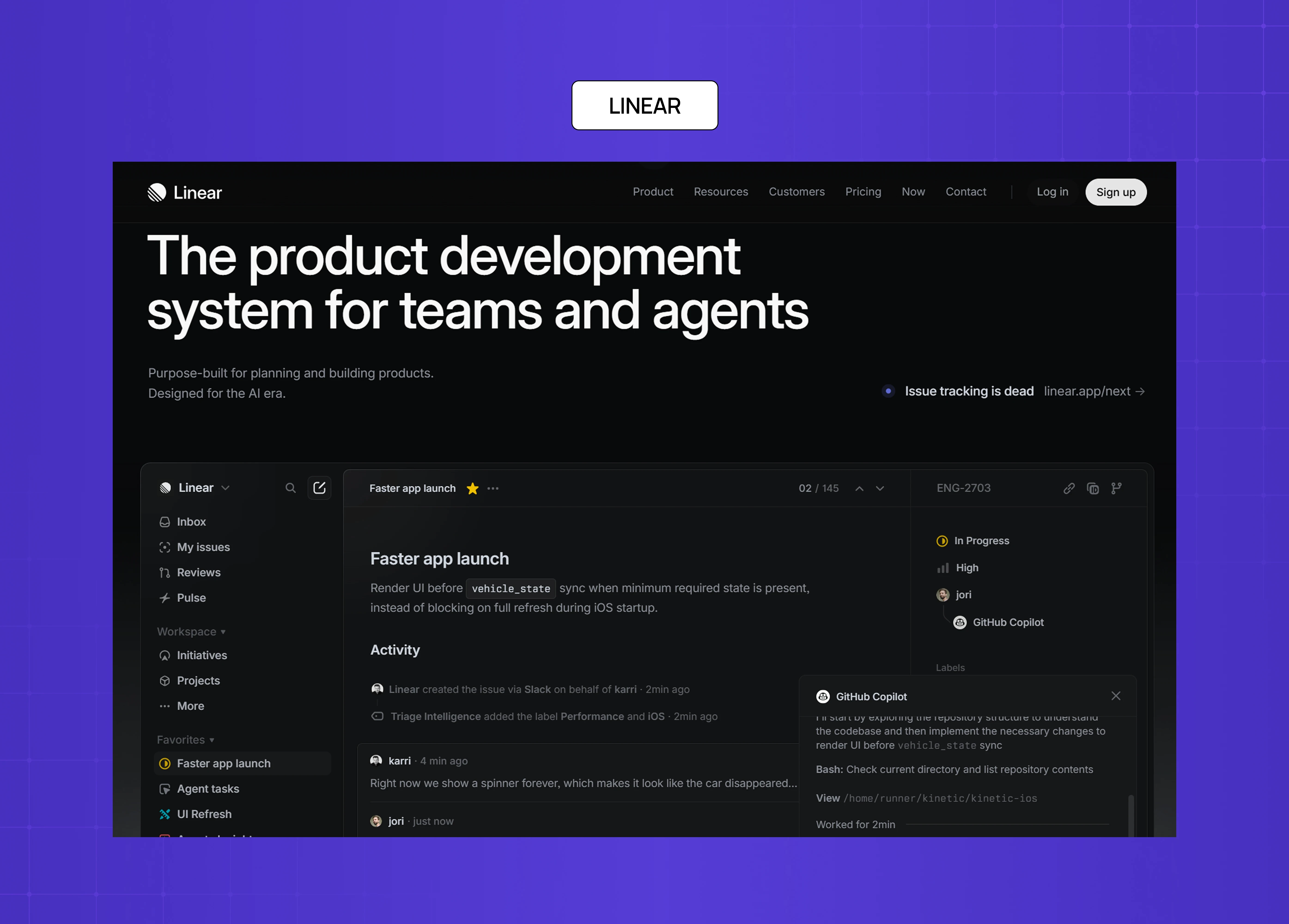 Linear website interface with a dark minimal design aesthetic, highlighting modern SaaS product UI and typography.