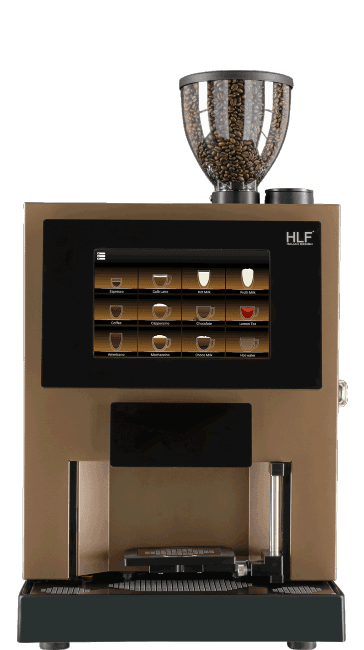 Light brown and black coffee machine with digital touchscreen and visible bean hopper