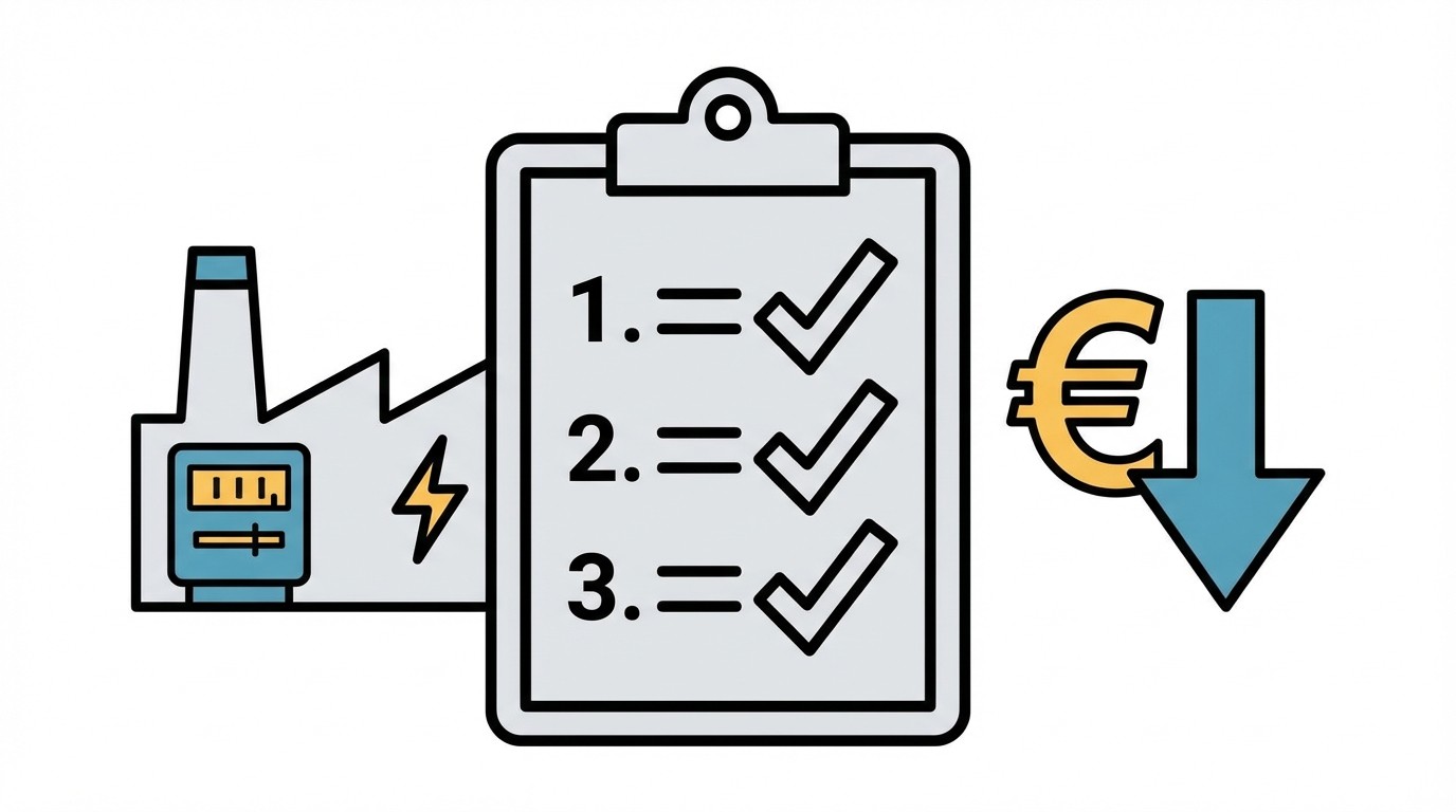 Grafik: Fabrik mit Stromzähler, abgehakte Checkliste und Euro-Symbol mit Pfeil nach unten. Symbolisiert Senkung der Energiekosten.