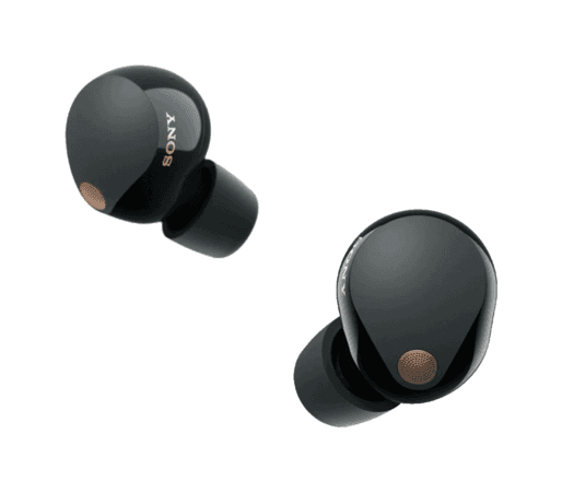 Produktbillede af Sony WF-1000XM5 true wireless earbuds i sort design på hvid baggrund.