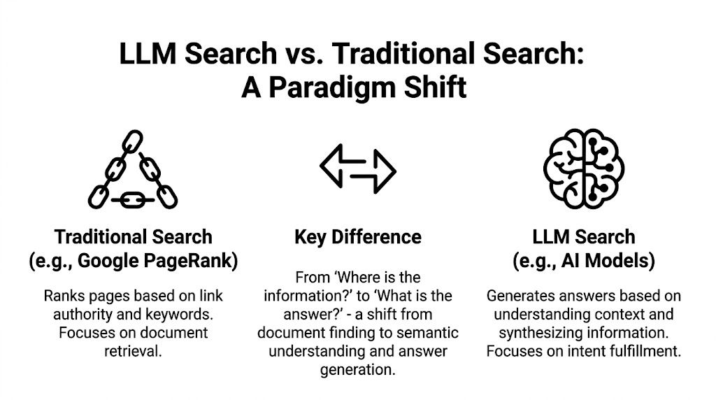 A comparison chart showing how LLM search differs from traditional search by focusing on answer synthesis.