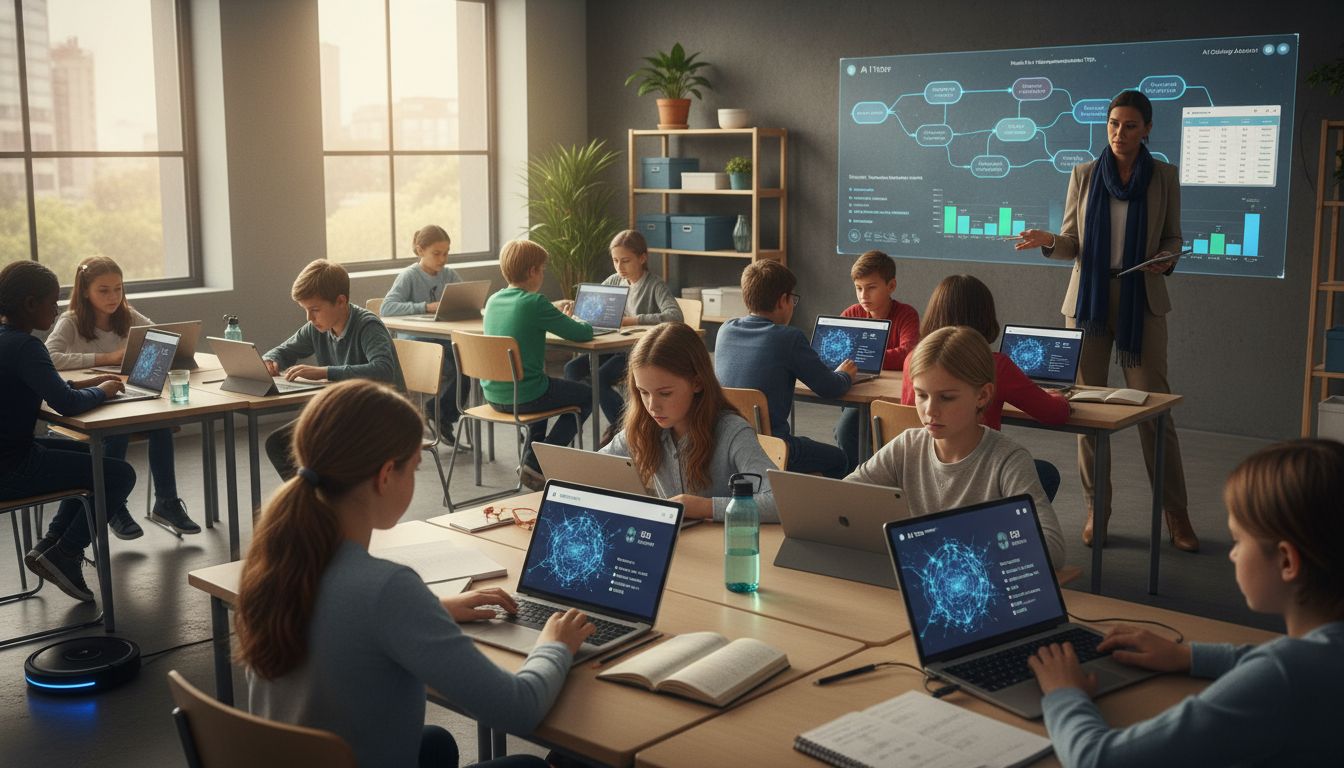 Image of a classroom full of young studetns using technology