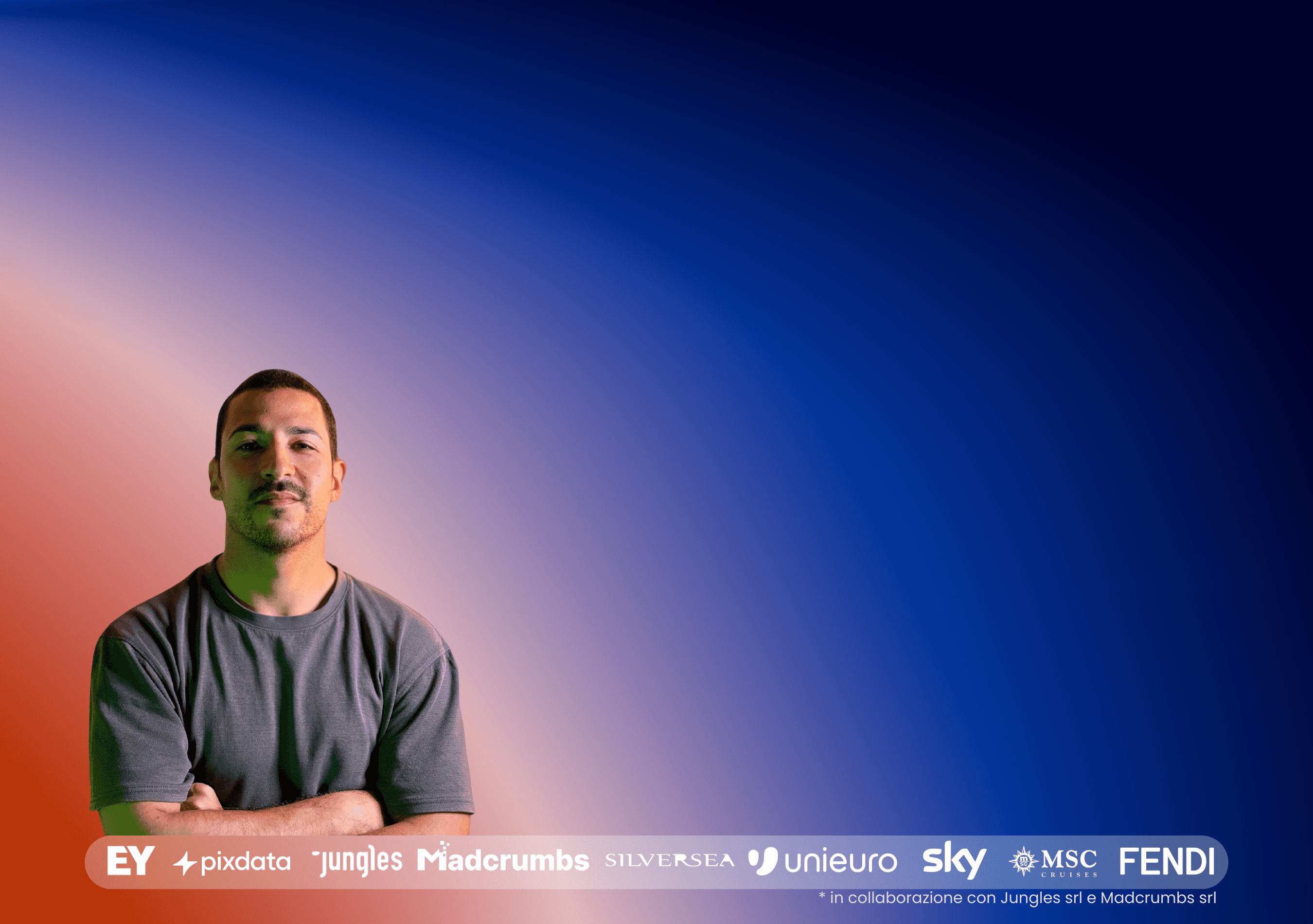 Primo piano di Luca Meloni, CRO Expert, su uno sfondo sfumato blu e arancione e barra con i loghi delle precedenti collaborazioni