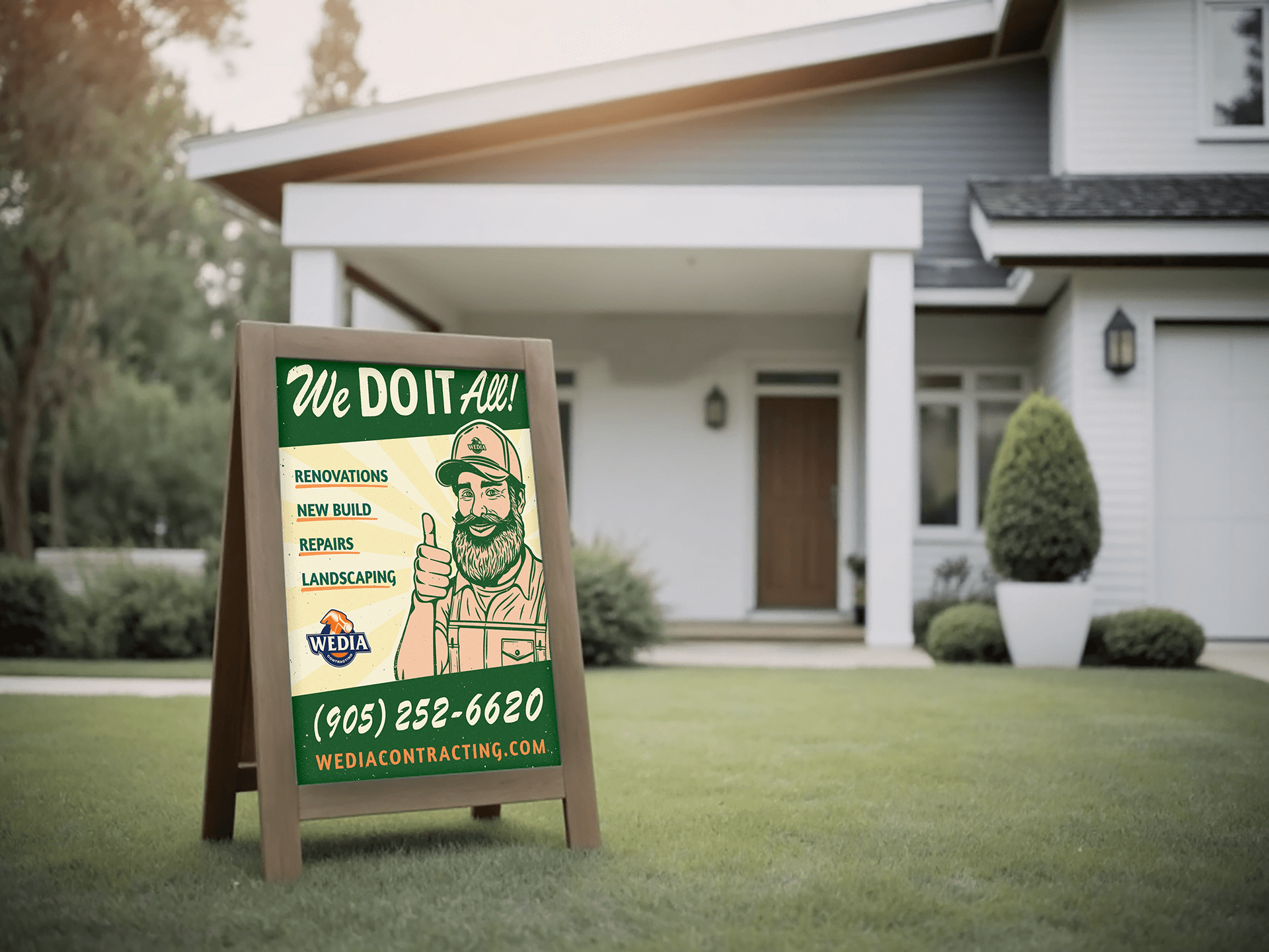 An a-frame sign featuring a poster for WEDA contracting branding