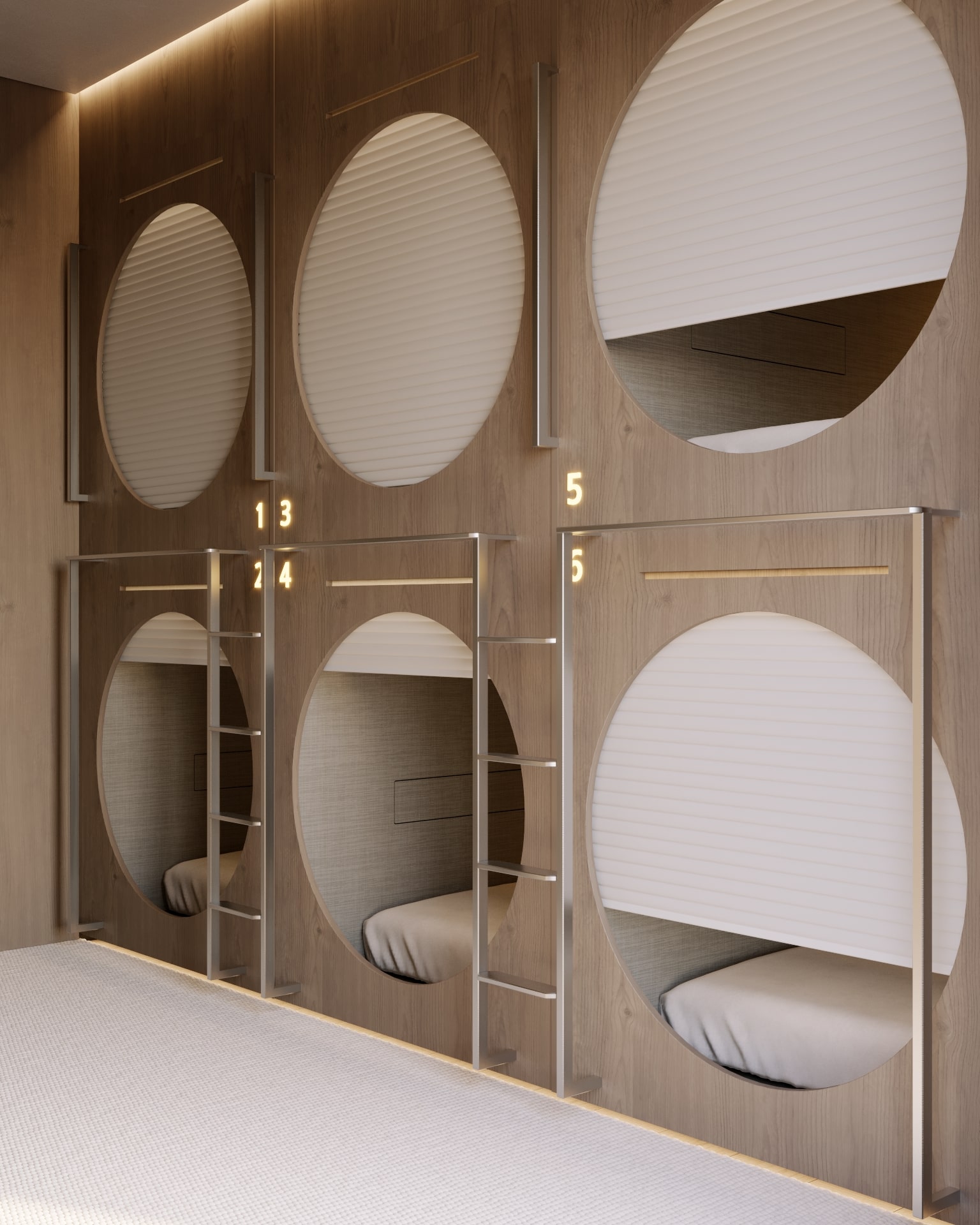 Modern capsule hotel room with circular sleeping pods, numbered for each guest.