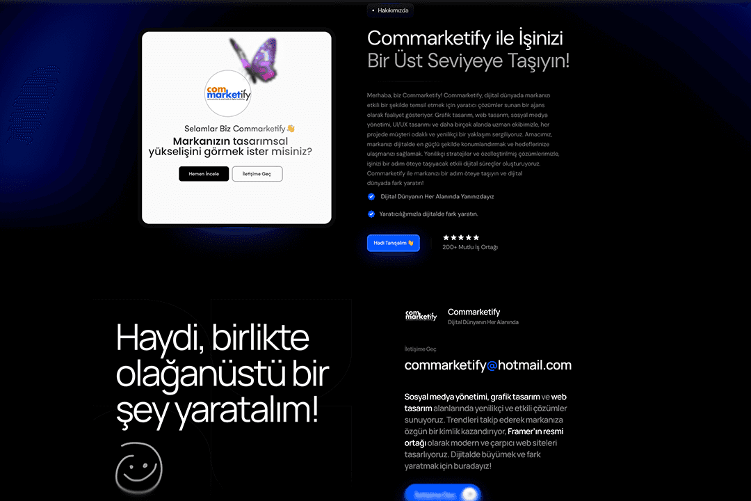 Commarketify iletişim ve teklif alma sayfası Framer web sitesi
