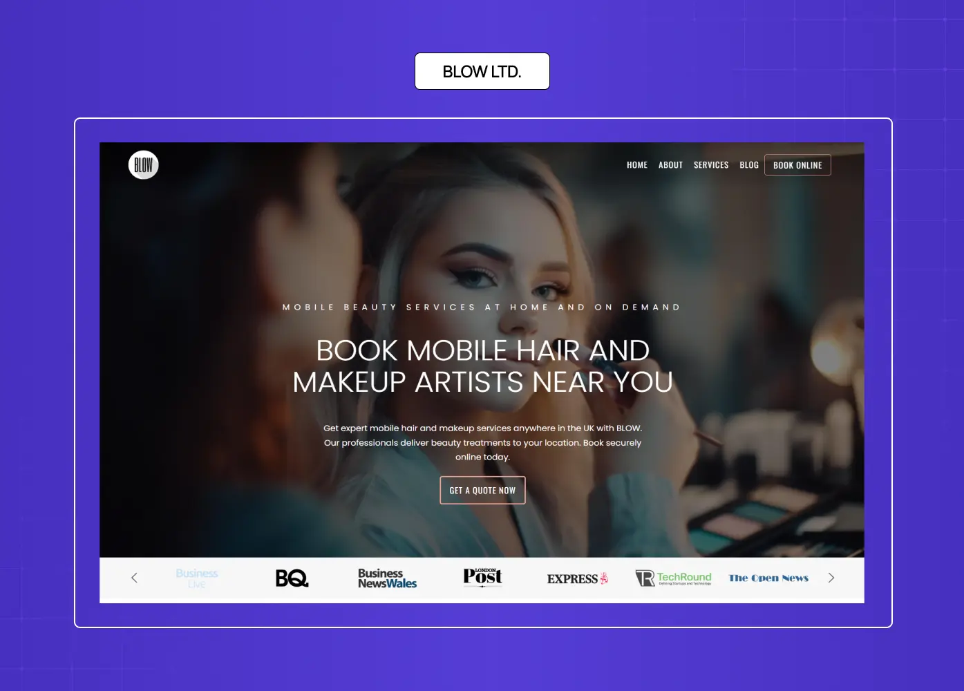 Blow Ltd. beauty service website promoting on-demand hair and makeup artist bookings.