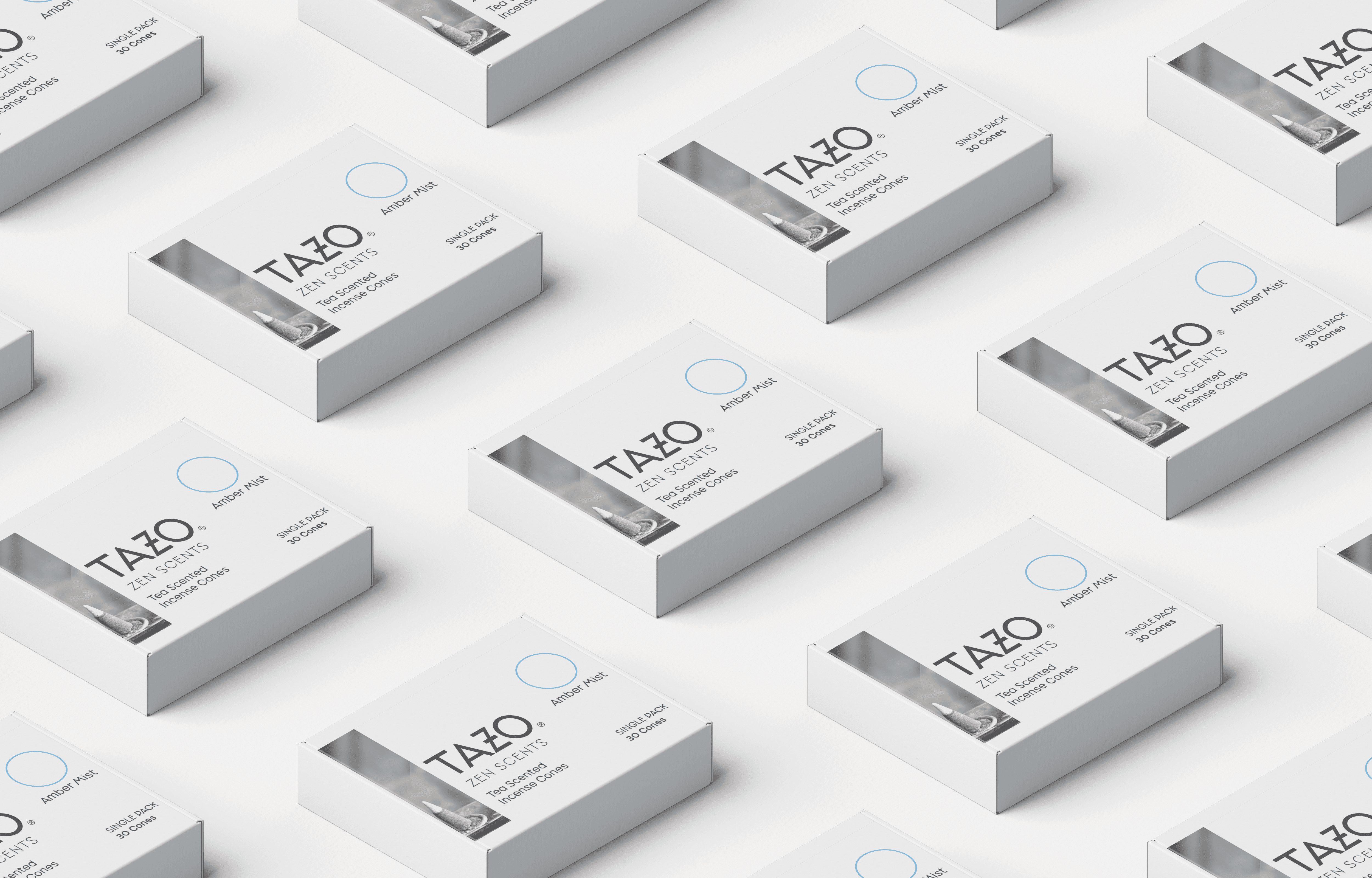 mockups of Tazo incense single pack boxes aligned in a grid fill the image