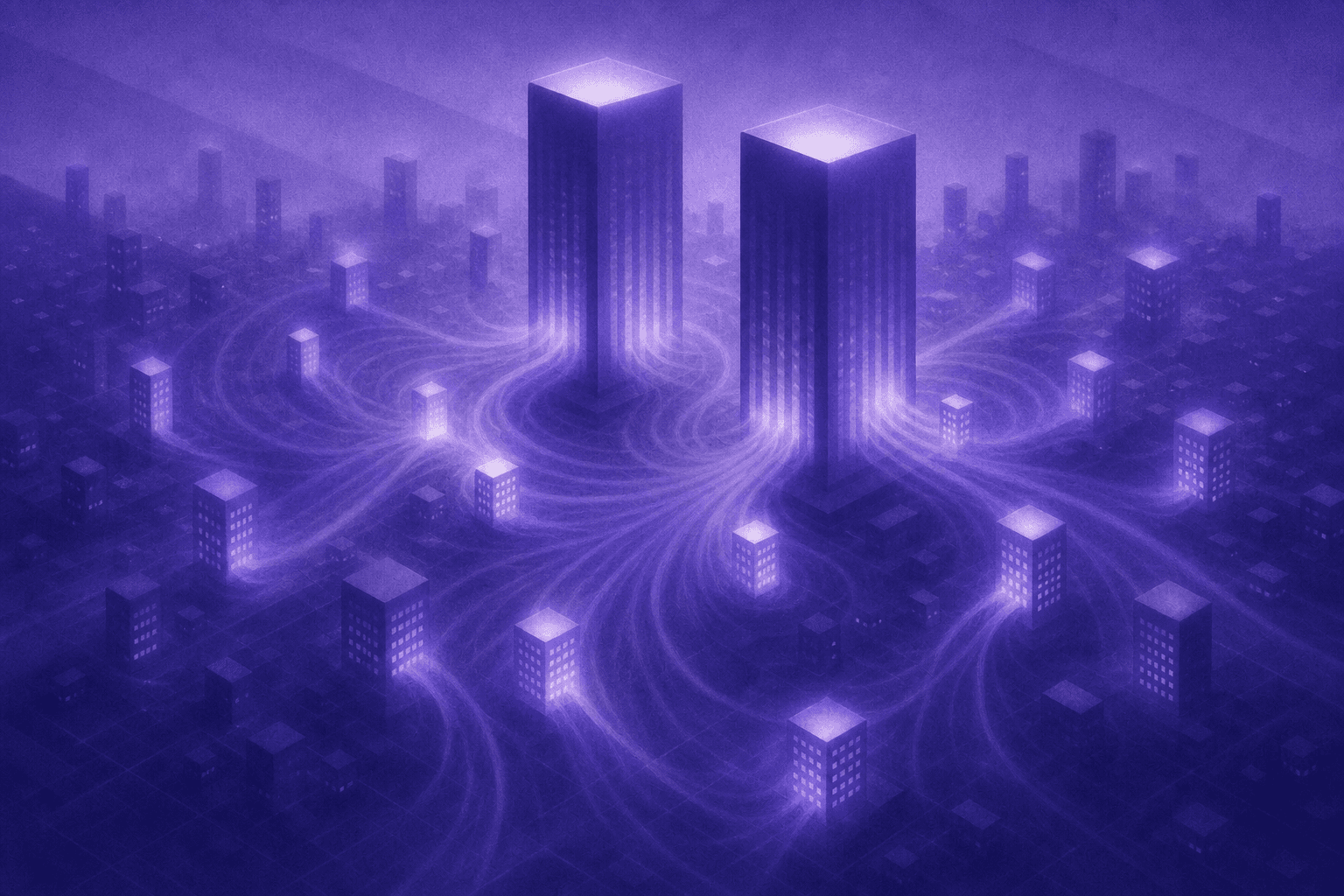 A wide aerial view of a corporate landscape at dusk, showing large skyscrapers with glowing blue and orange logos absorbing smaller glowing building structures around them, like gravitational pull — smaller illuminated office towers being drawn toward two dominant towers in the center, representing market consolidation, dramatic cinematic lighting, no text or signage
