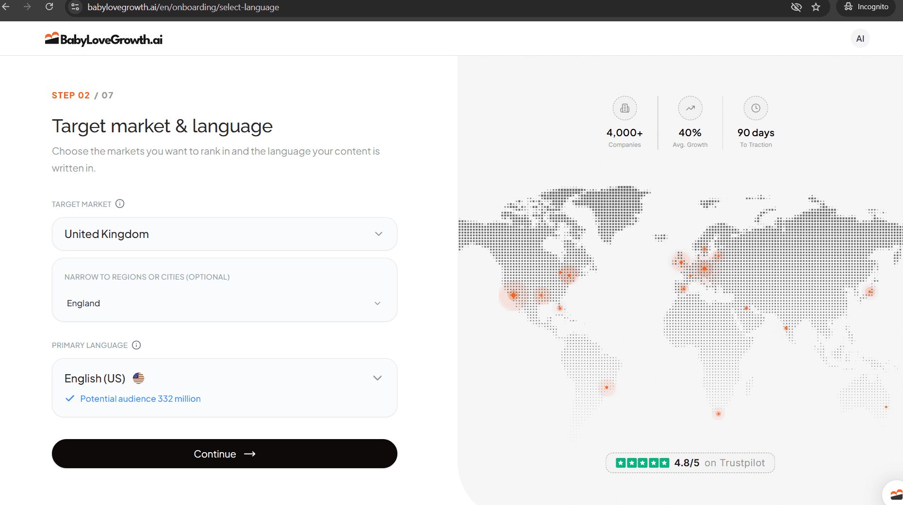BabyLoveGrowth onboarding target market and language step, defaulting to Global and English (US)