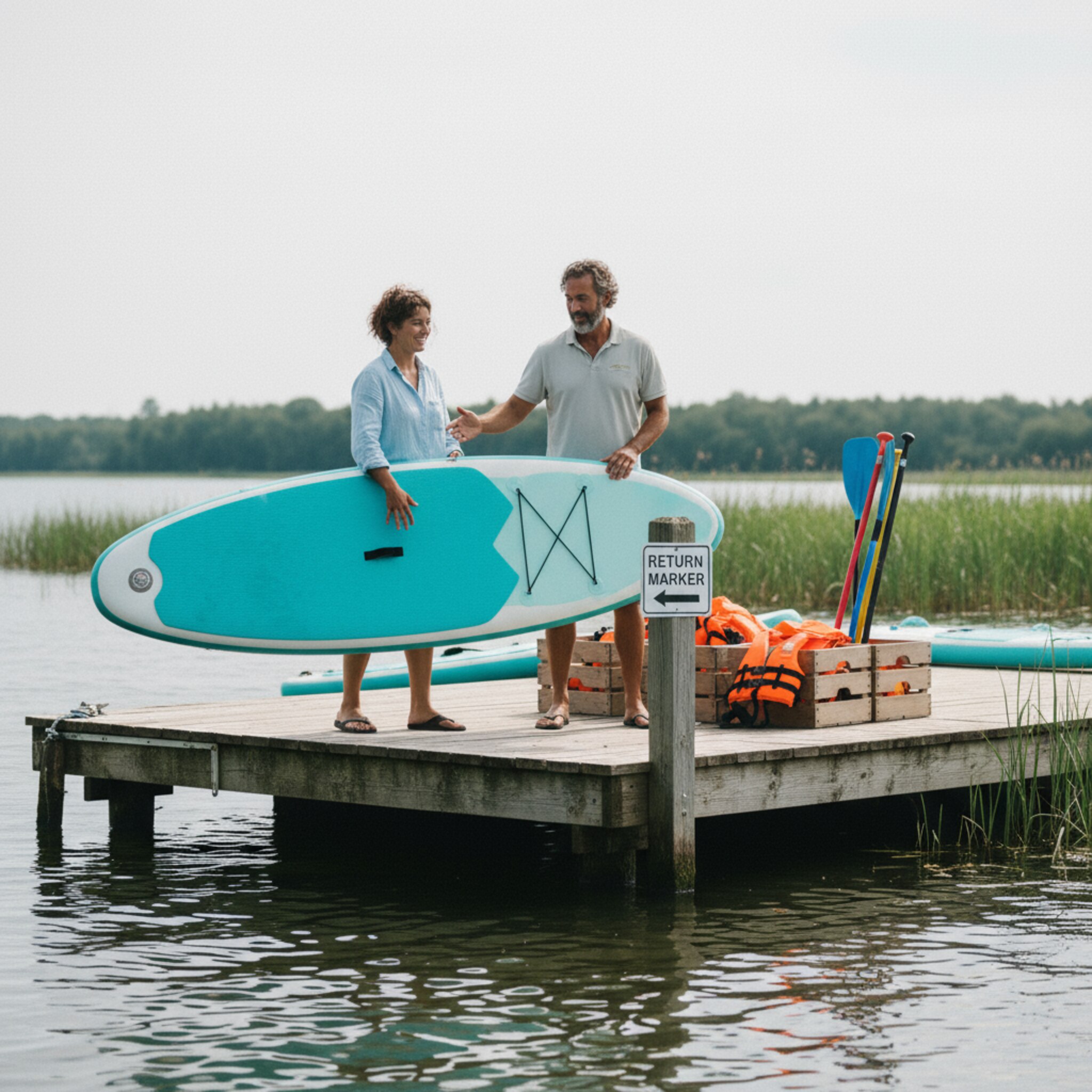 Am Steg nimmt ein Gast ein SUP entgegen, neben ihm liegen Paddel und Westen ordentlich bereit. Die Mitarbeiterin zeigt auf eine Markierung für die Rückgabe. Das Wasser schwappt ruhig gegen die Pfosten, die Szene ist strukturiert und klar.
