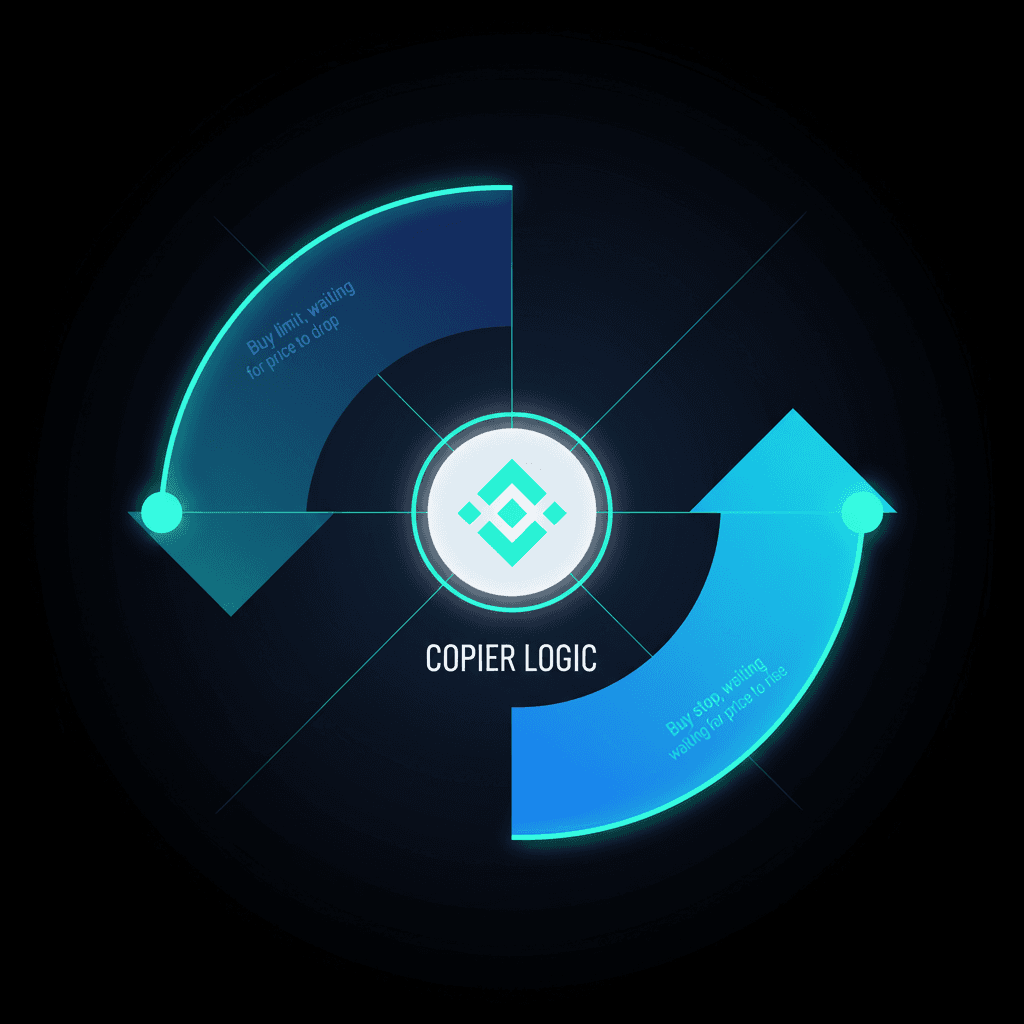 Buy Limit vs. Buy Stop copying explained visually: Limit order arc and stop order semi-circle joined by copier logic