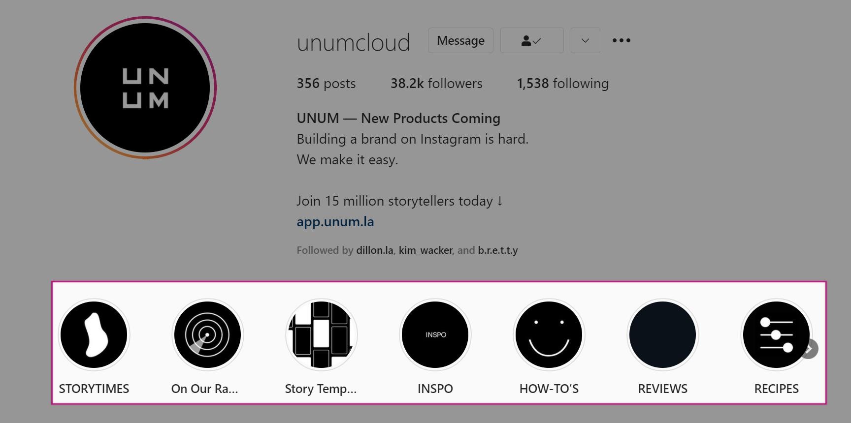 UNUM Instagram Stories highlights