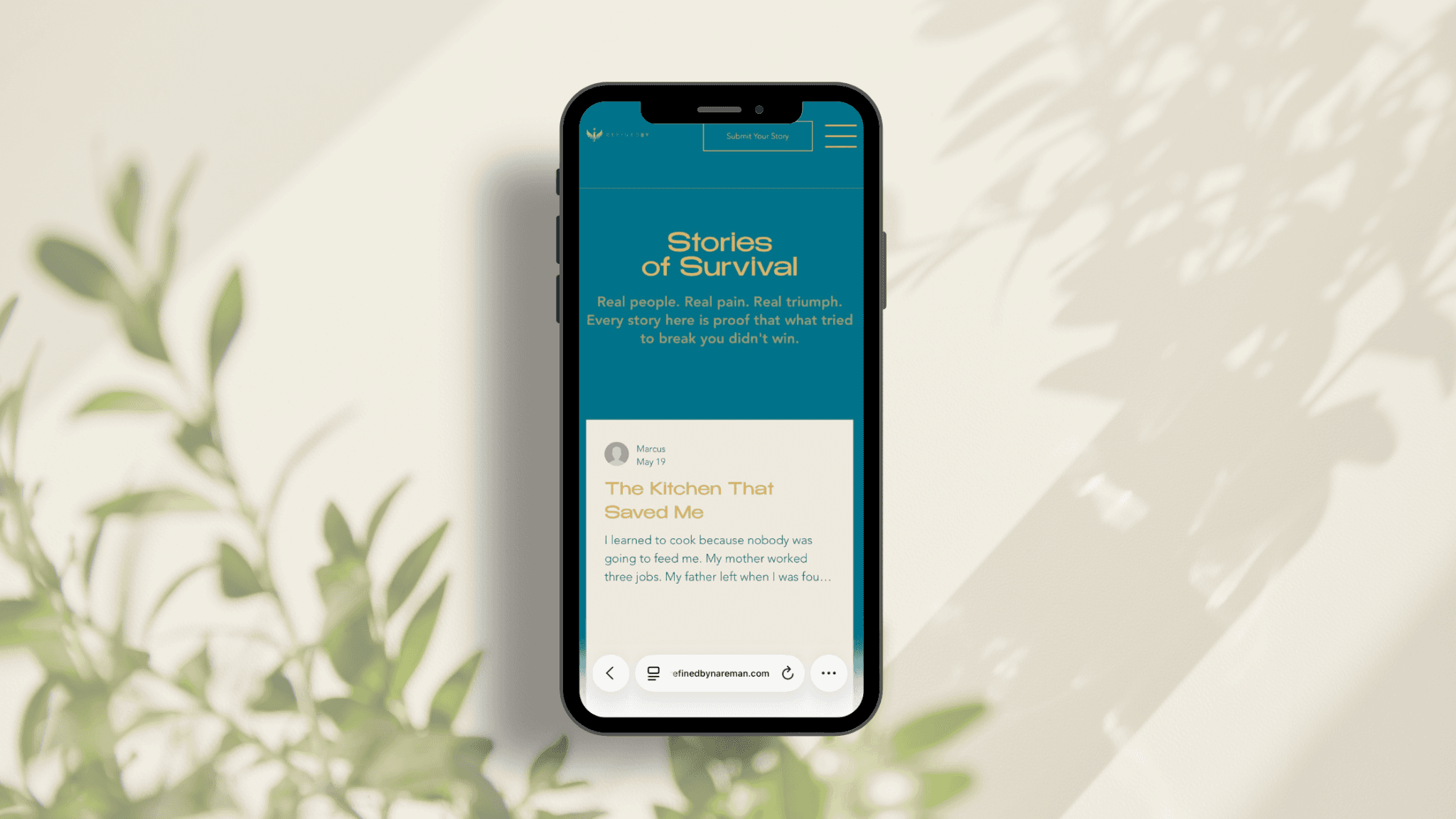 RefinedBy Stories of Survival page displayed on a smartphone.