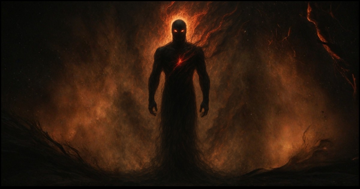 Archetype Bane - een silhouet van een donkere, vurige gestalte met brandende ogen en een gloed in de borst, omgeven door schaduwen en roodgloeiend as; de belichaming van depressie, stilte en innerlijk donker.