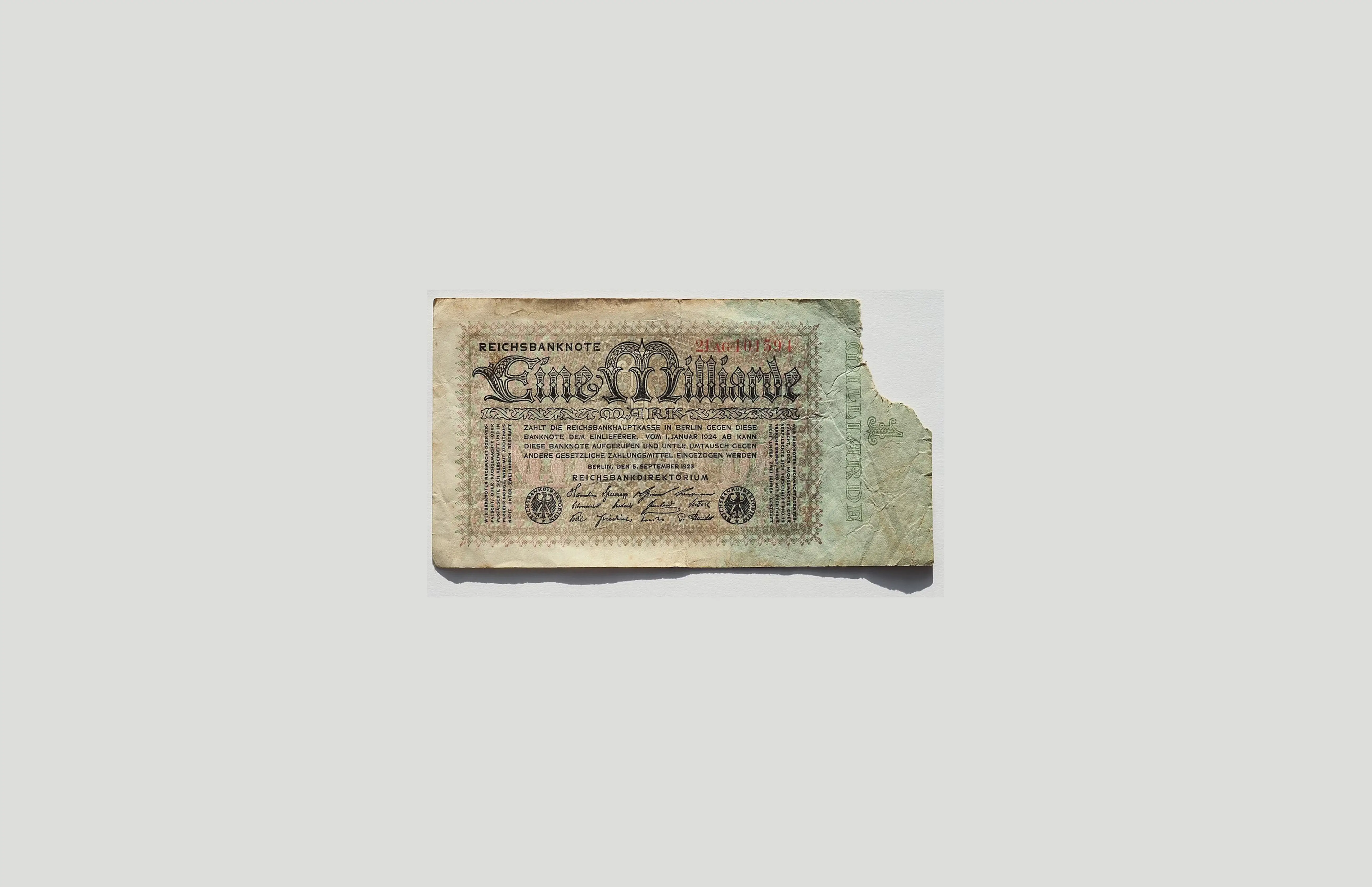 Worn one-million-mark Reichsbanknote issued during Germany’s Weimar hyperinflation.