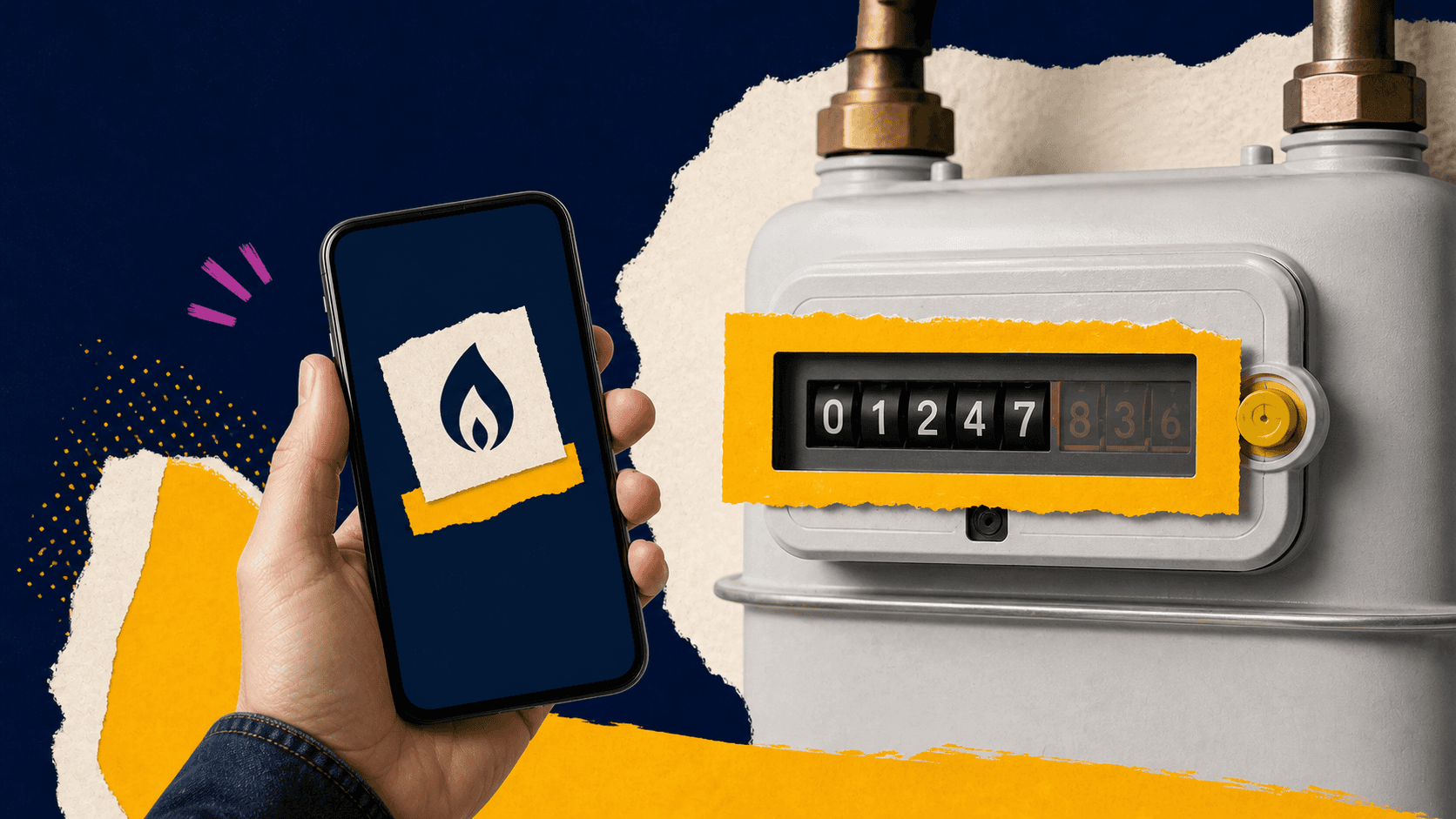 Contatore del gas con cifre nere e decimali rossi accanto a una mano che regge uno smartphone con il simbolo della fiamma.