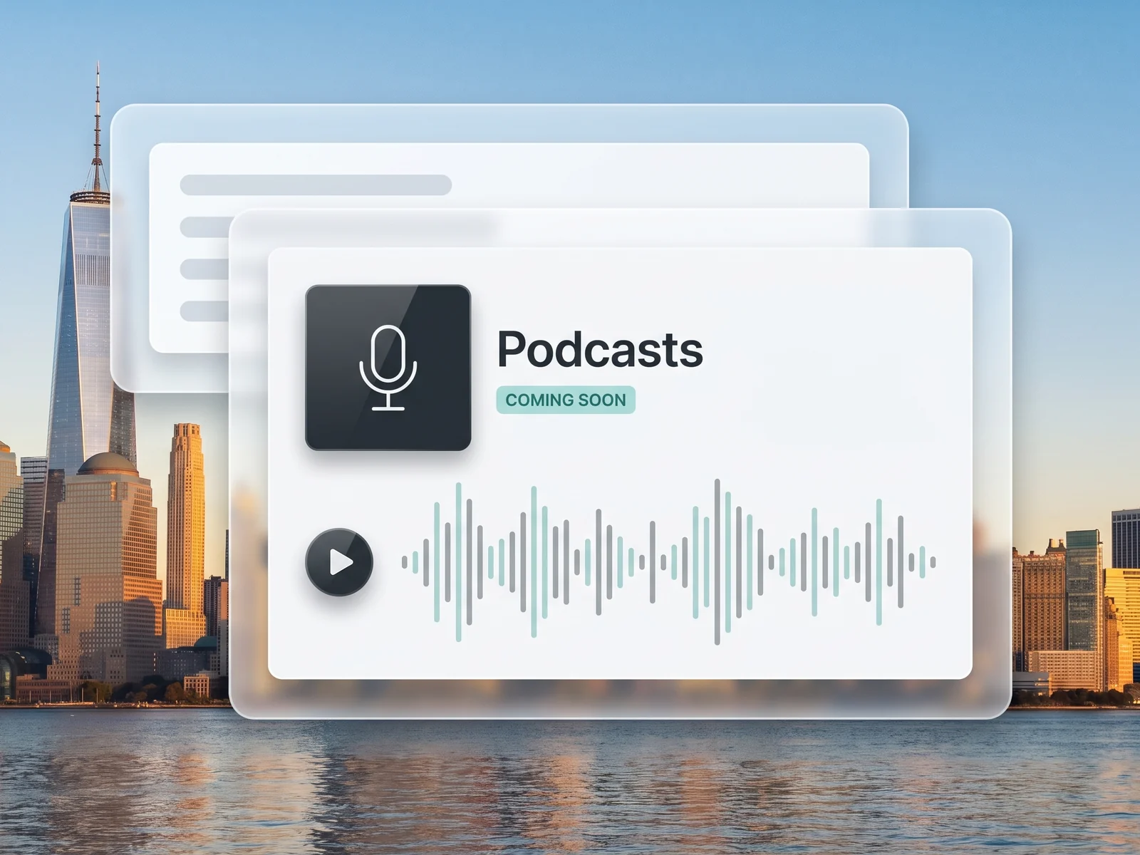 Illustration of a podcast player card with a play button and a waveform, marked coming soon