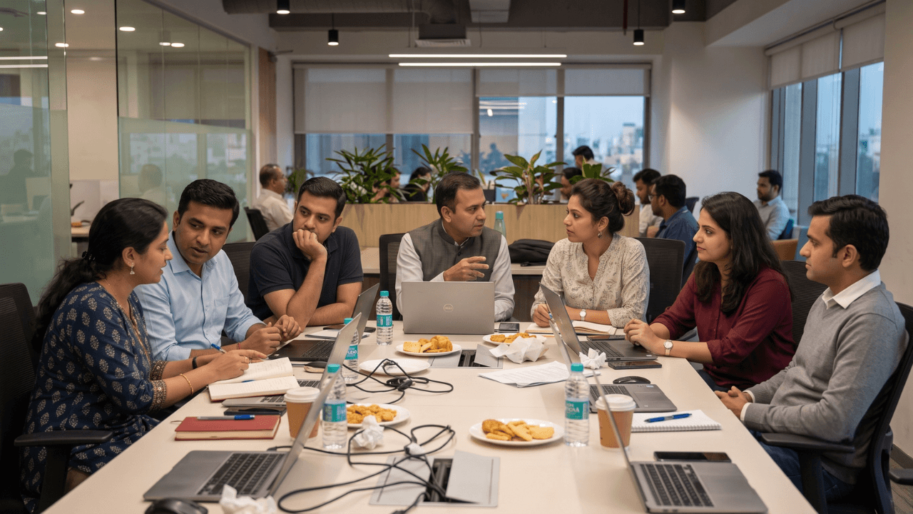 Colleagues discussing ideas around a conference table in an Indian office.