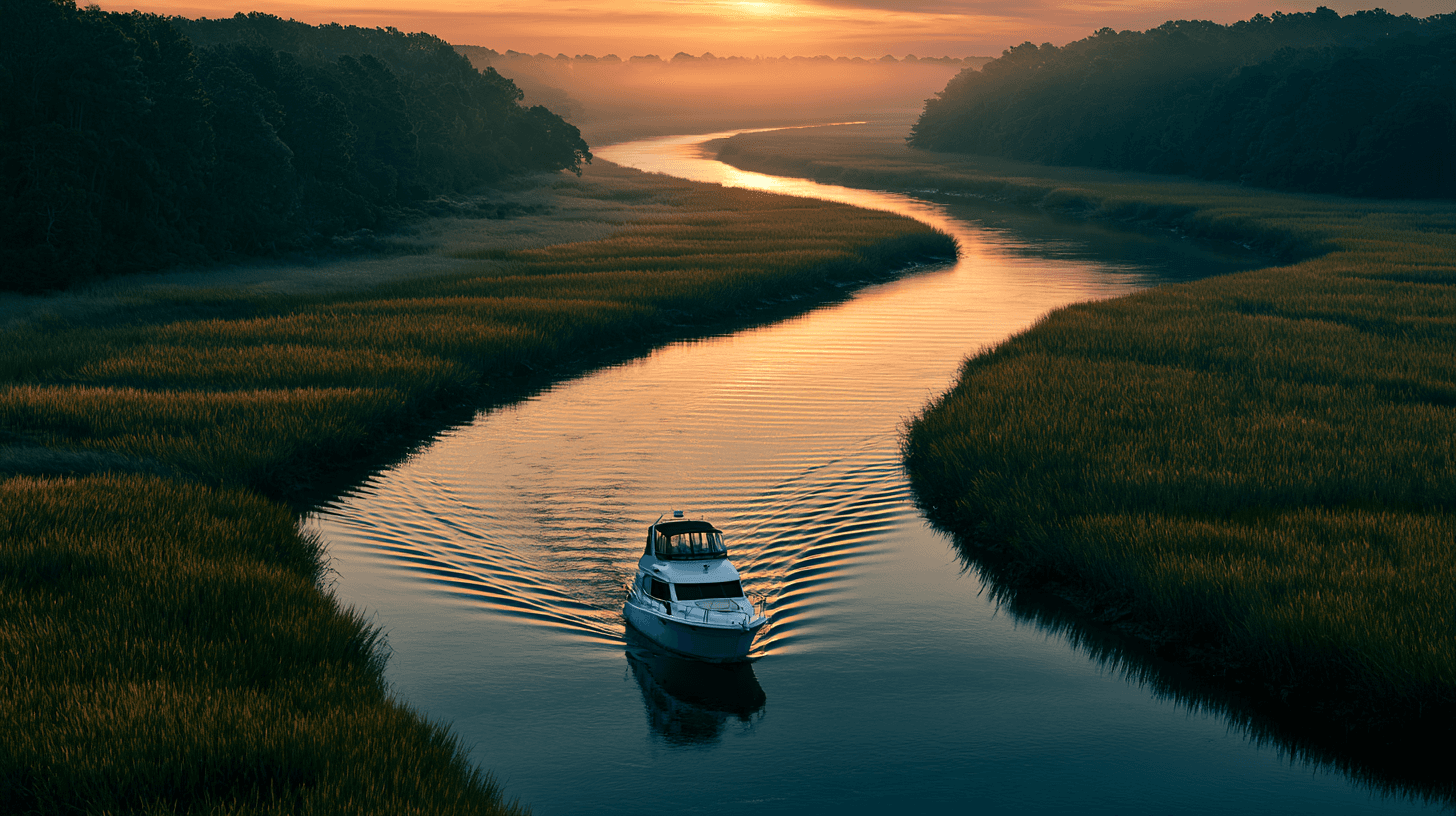 Motor cruiser on the Atlantic Intracoastal Waterway at sunrise