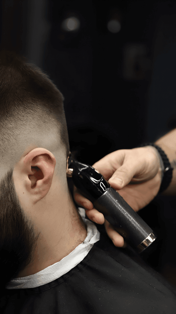 A close-up of a person getting a haircut, with a barber using clippers on the back of their head.