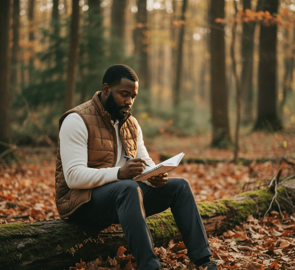 Black man sitting on a log in a fall forest with an open notebook, sunlight on the pages. Warm amber foliage. Symbolizes pain education, reflection, and personalized physical therapy in Oak Park.