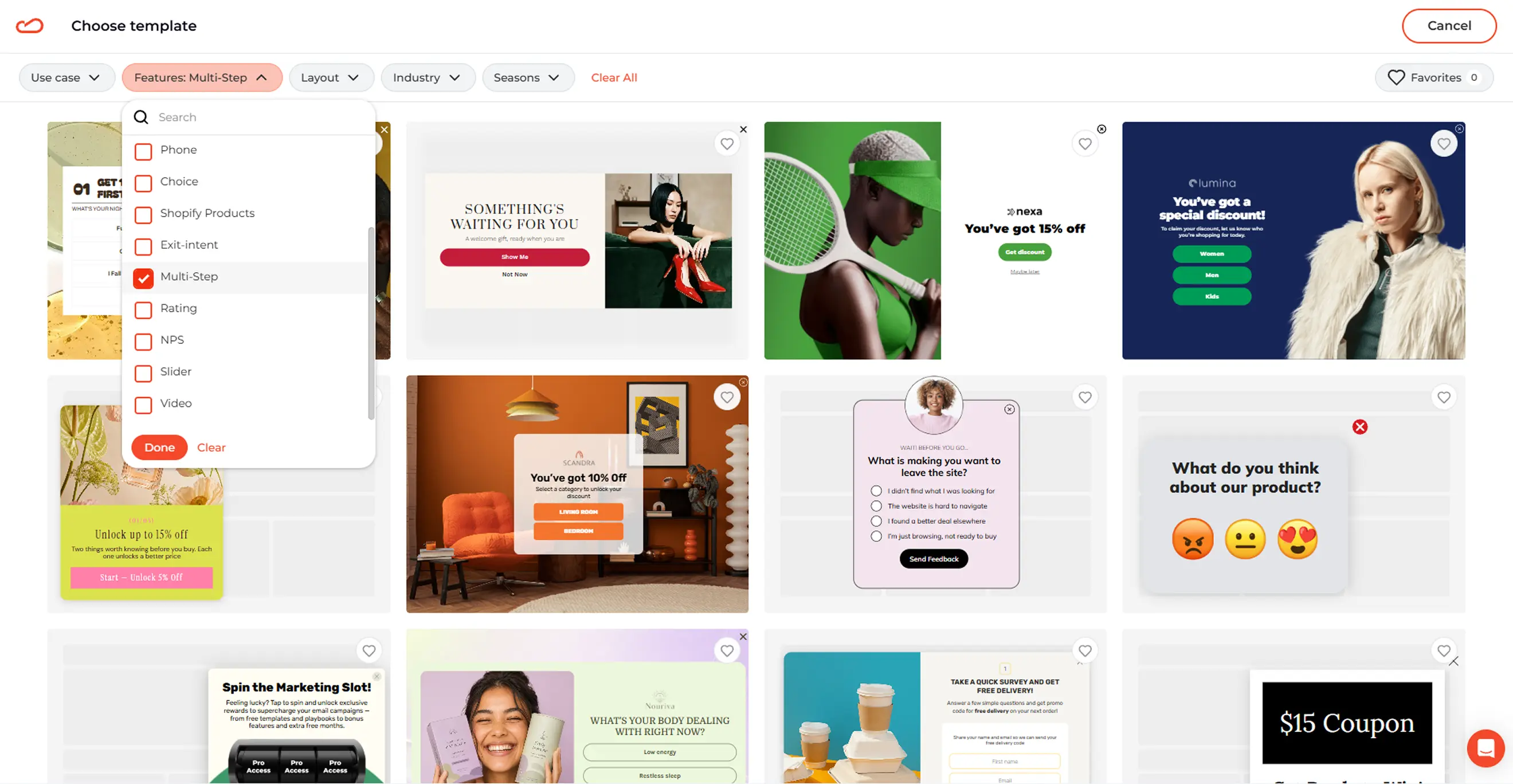 Claspo template library dashboard with multiple templates featuring the multi step popup.
