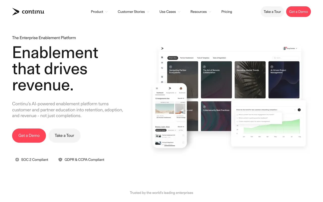 Continu homepage, enterprise enablement platform with onboarding analytics