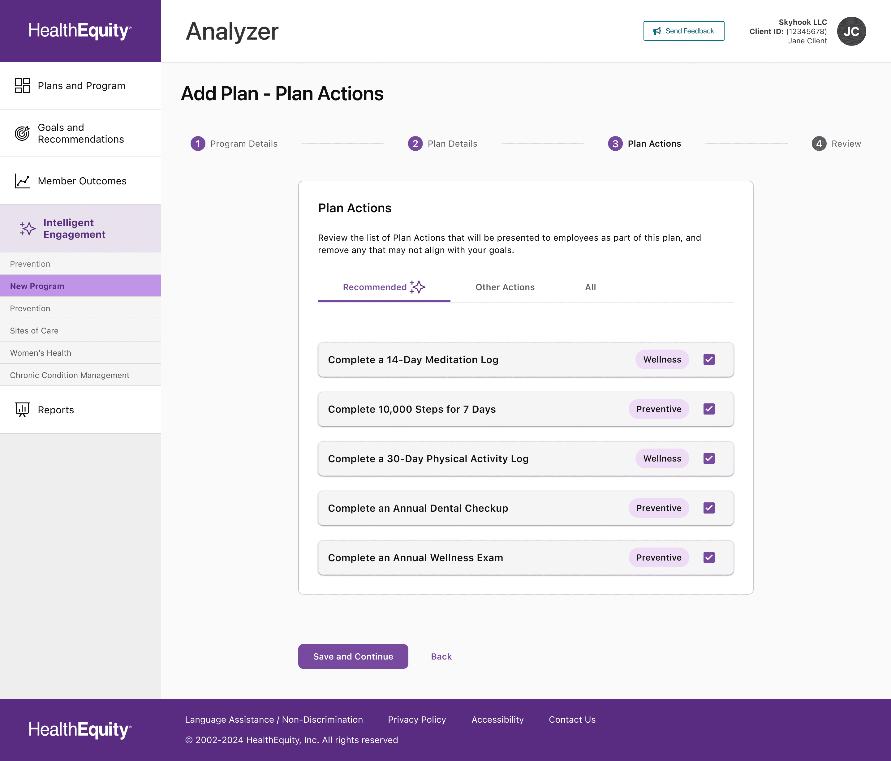 Draft design of new program process with plan actions selection page showing