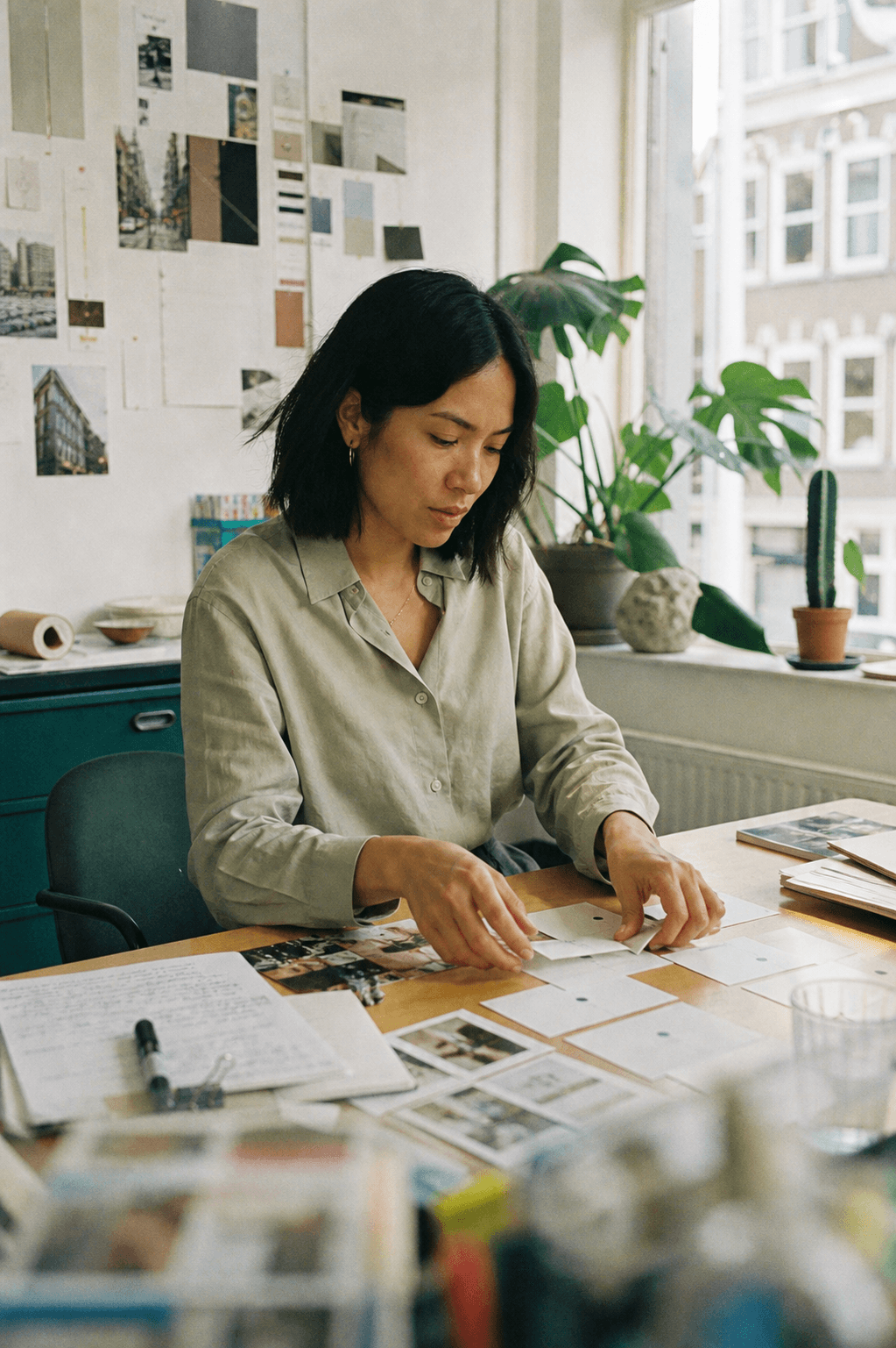 Arranging interview notes and blank slide-planning cards at a bright creative studio table.