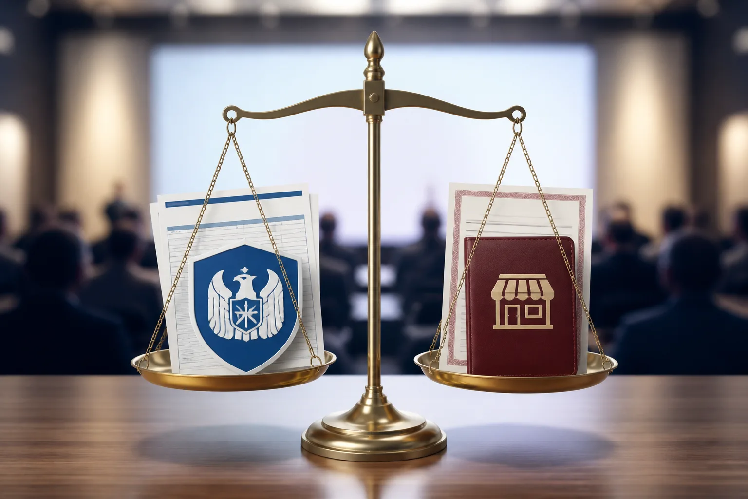 Dubai Customs Registration and Trade License Compared beside a warehouse with cargo pallets and a