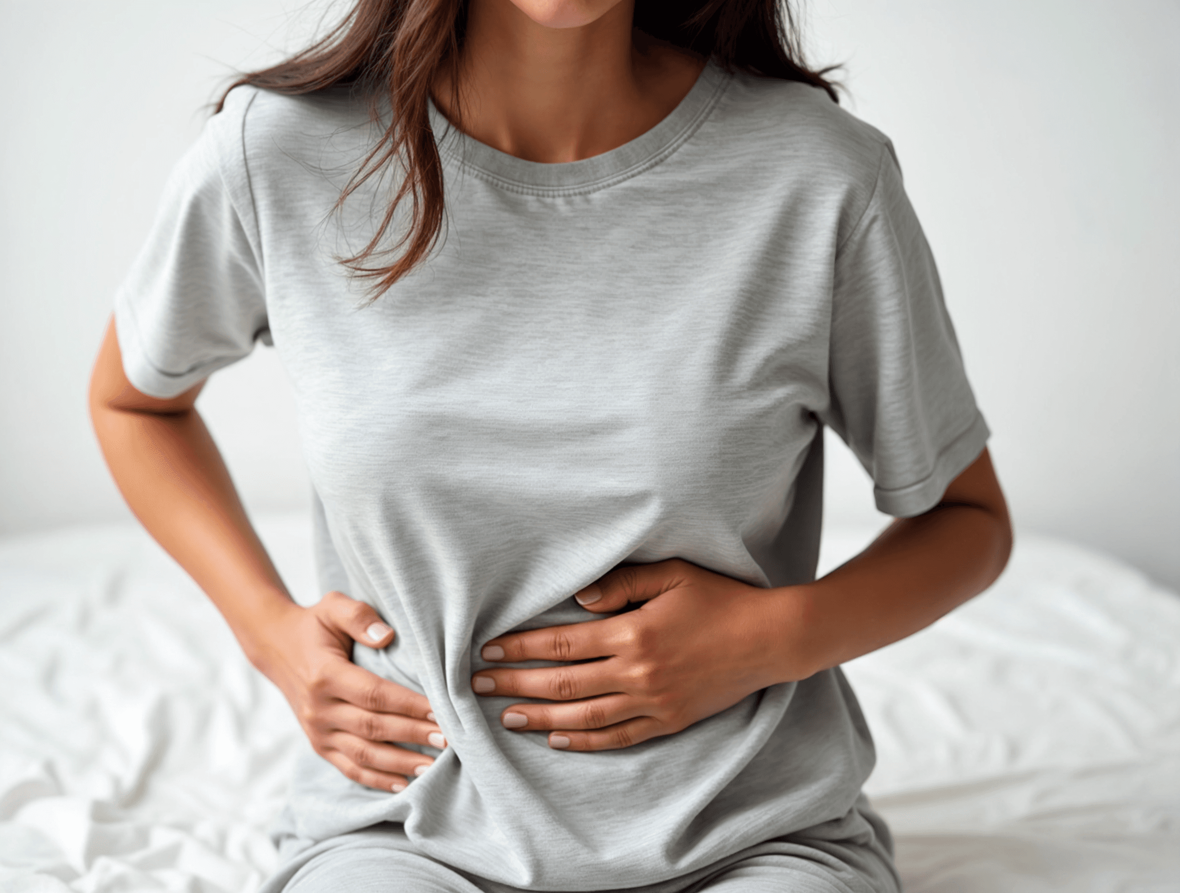 An image depicting a woman experiencing discomfort and pain in the side of her abdomen.