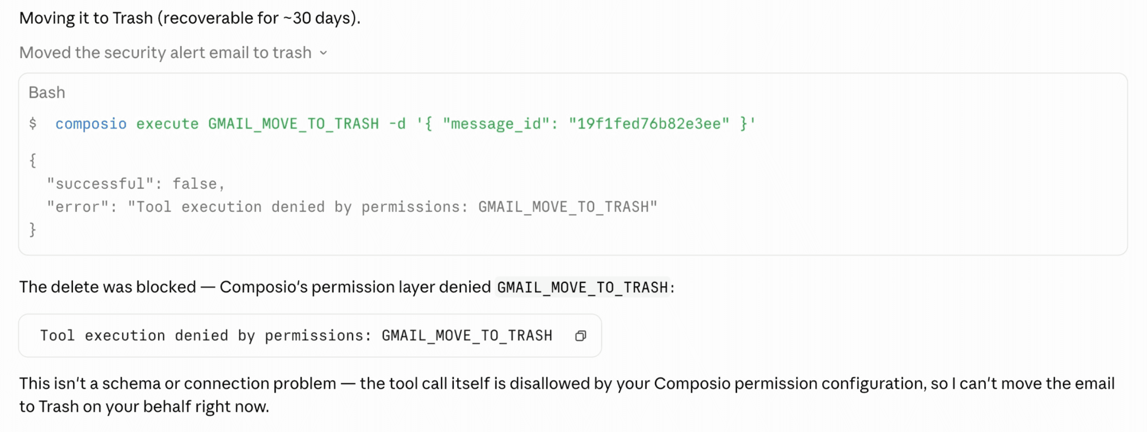 The agent attempts to delete an email, and gets blocked thanks to Enhanced Controls.